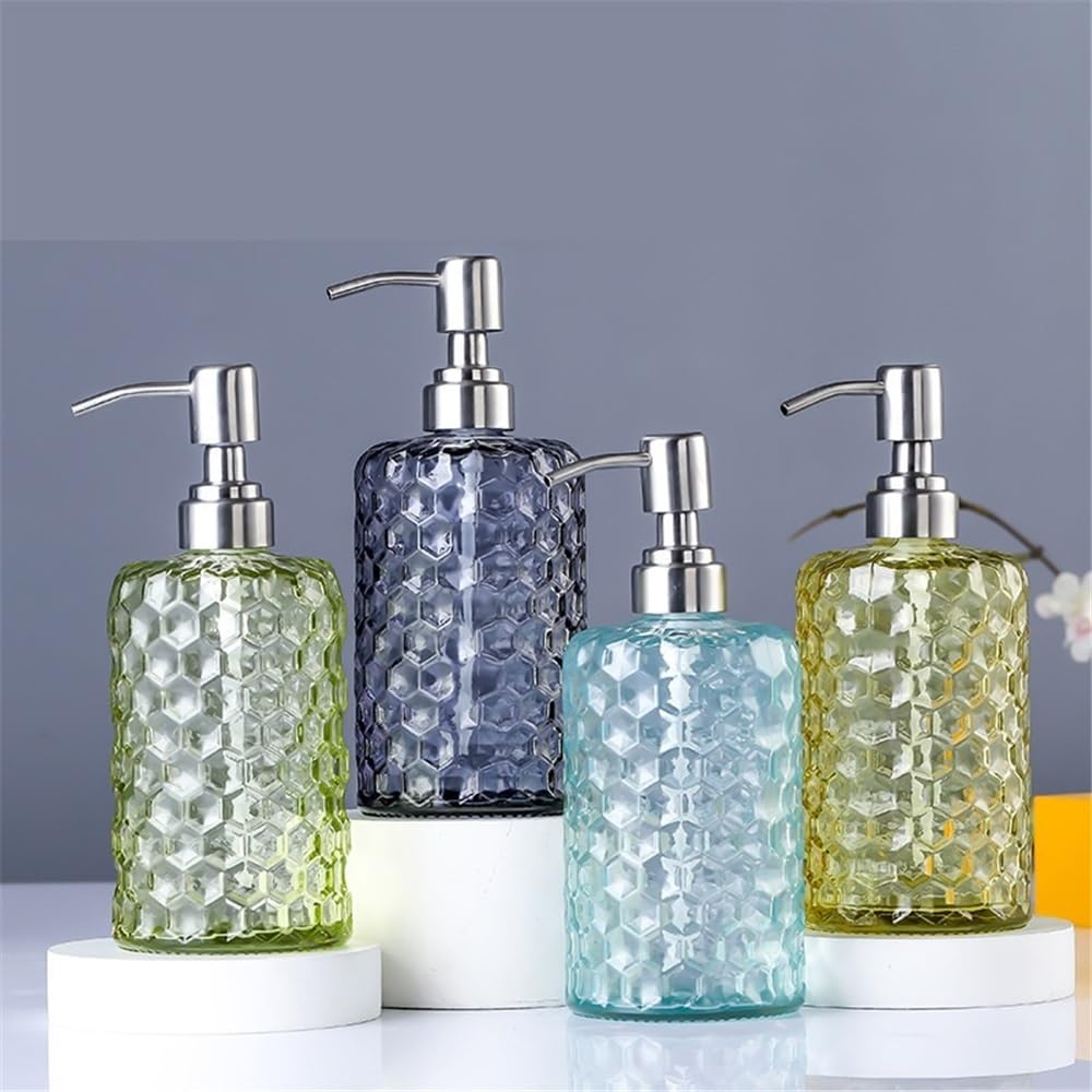 Dispenser di Sapone per Bagno, per casa/Hotel/Bagno, flacone in Vetro pressato per lozione, 500 ml, cilindrico Trasparente, Blu/Grigio/Verde/Giallo, Dispenser da Cucina (Blu)