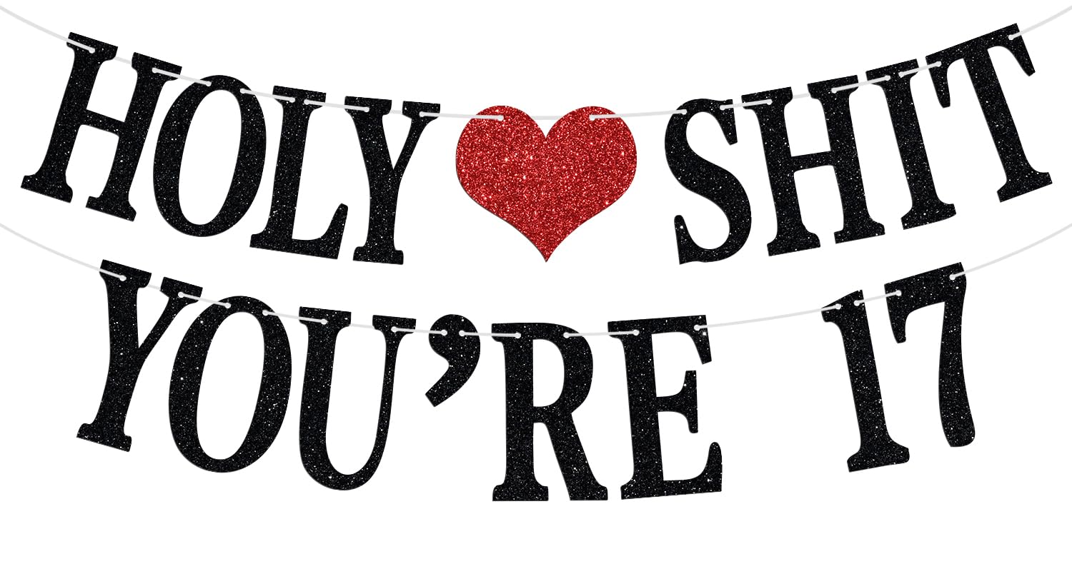 Holy Sh*t You're 17 Banner - Funny Happy 17th Birthday Bunting Sign, Young Sweet 17, Cheers to 17 Years, 17 Years Old Birthday/Anniversary Party Decorations Supplies for Boy Girl