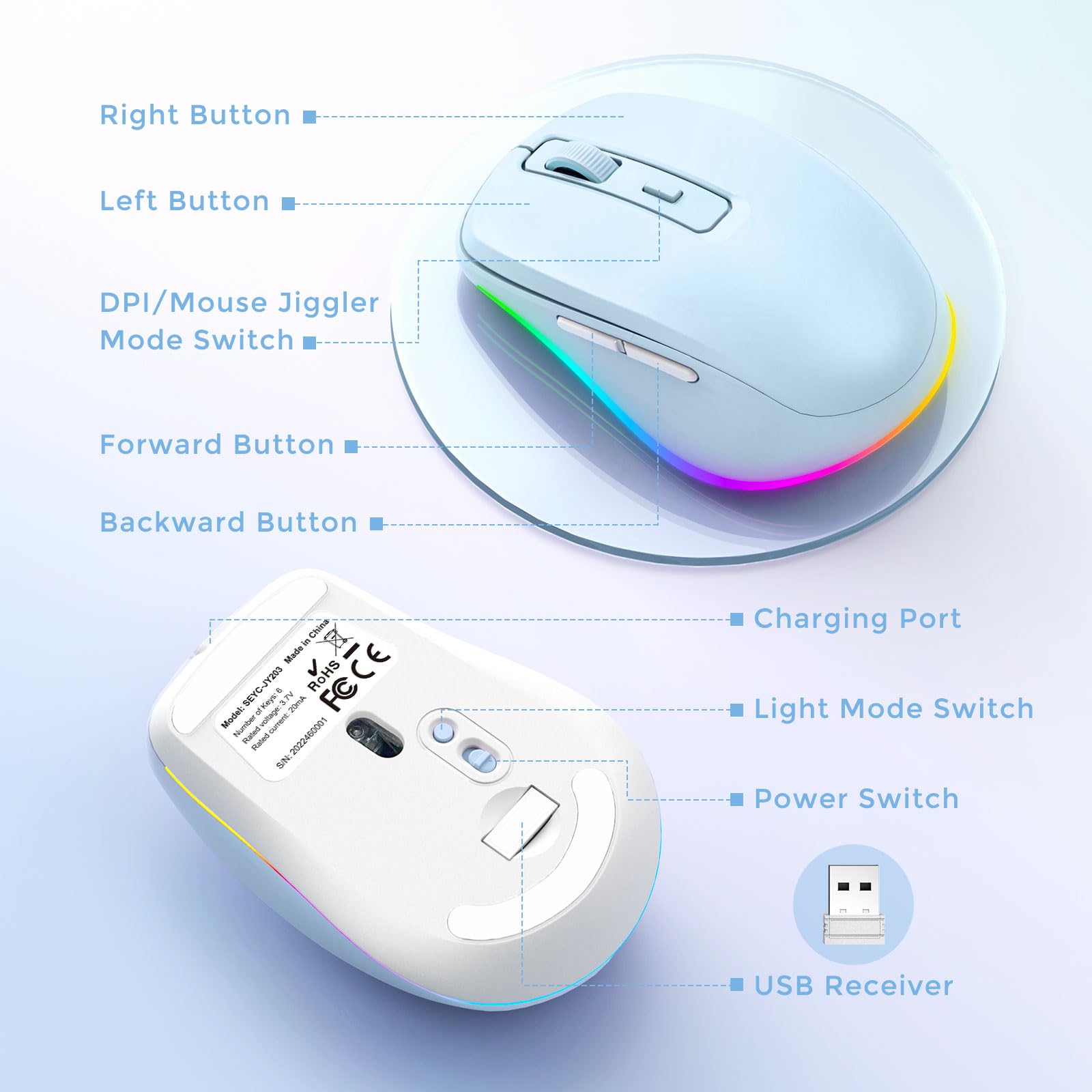 PEIOUS Jiggler - Mouse senza fili con scritta "Keep Computers Awake", colore: Azzurro | Mouse LED ricaricabile, clic silenziosi, DPI regolabile e movimento casuale per tenere il computer sveglio per laptop/PC/Mac