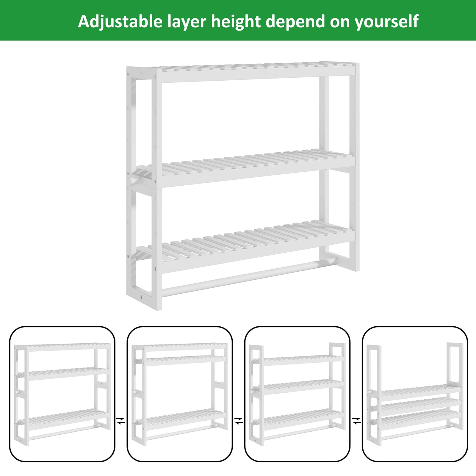 RRX Organizador de almacenamiento de estante de baño, 15 cm de profundidad x 60 cm de ancho x 53,8 cm de alto, organizador de cocina flotante de bambú de 3 niveles ajustable con barra, unidades de