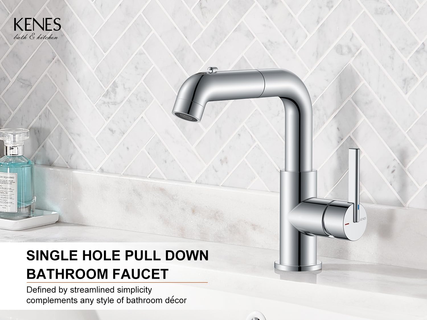 KENES Pull Out Bathroom Faucet with Sprayer, Polished Chrome Single Handle Bathroom Sink Faucet with Pull Down Sprayer, Vanity Bar Faucet with Pop Up Drain & Deck Plate, LJ-9055A-5
