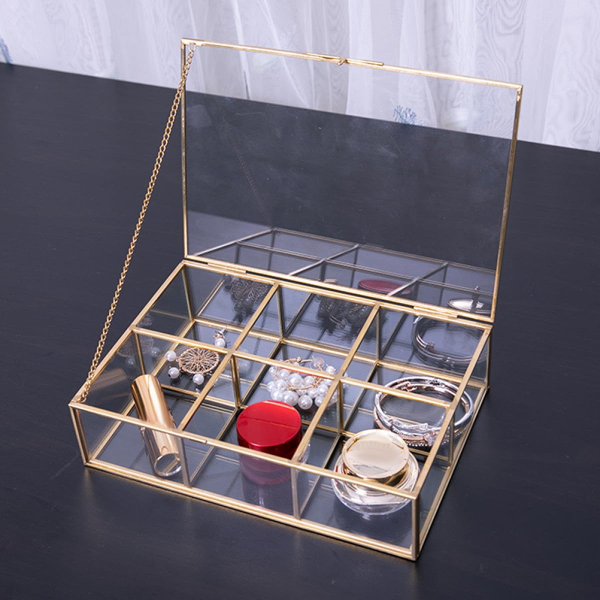 KICHOUSE Schmuckkästchen mit 6 Fächern, Legierung und Glas, Multi Slot | Ringe und Halsketten, Transparentes Design, für Schmuckläden und Zuhause