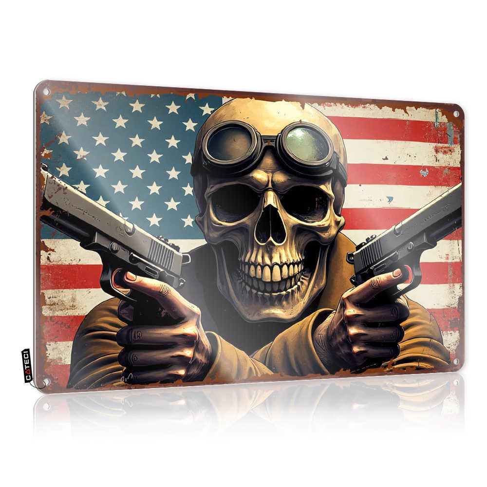Fzfn Colour Art Beer Decor Ready To Hang - Skull With Goggles Holding Guns Against American Flag Background Soft Bath For Deck(20X30cm)