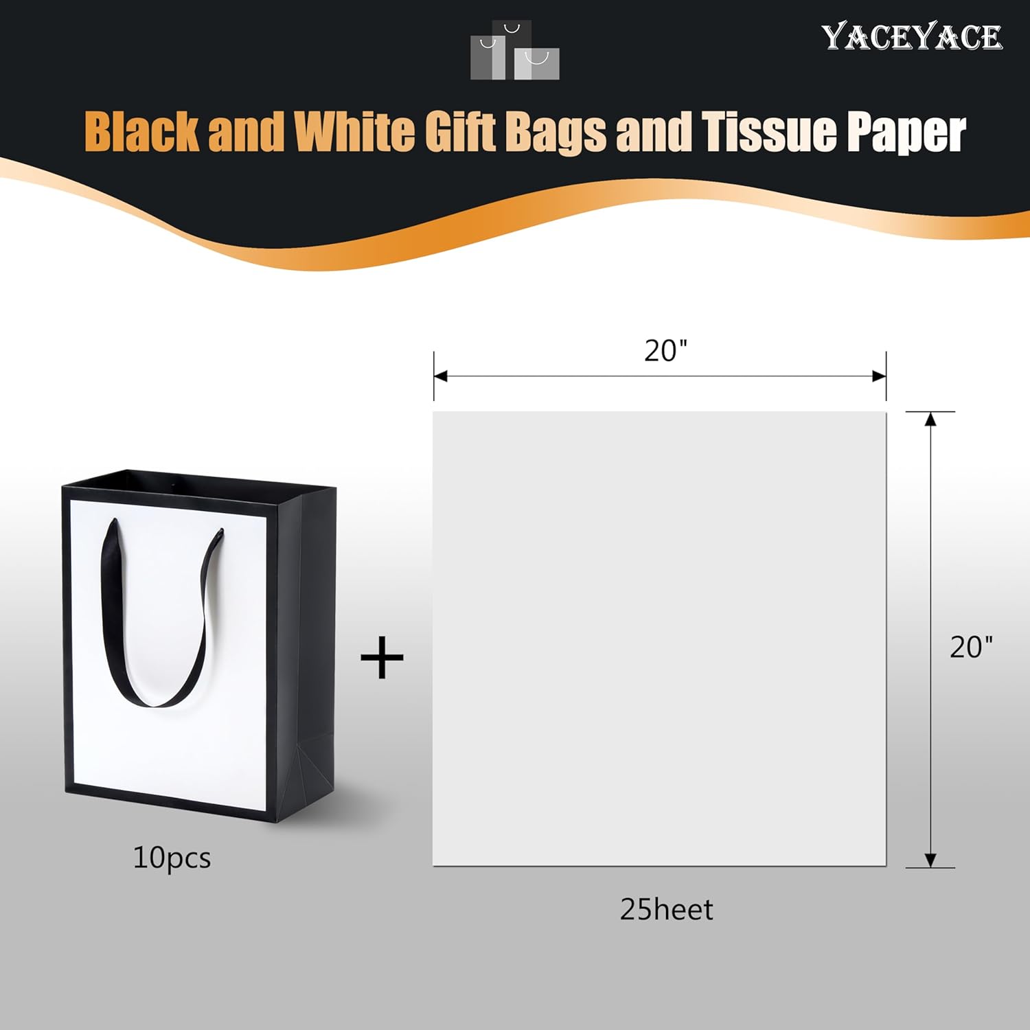 YACEYACE Black and White Gift Bags with Tissue Paper, 20pcs 8"x10"x4.25" Medium Bags, Elegant for Boutique, Retail, Party - Image 2