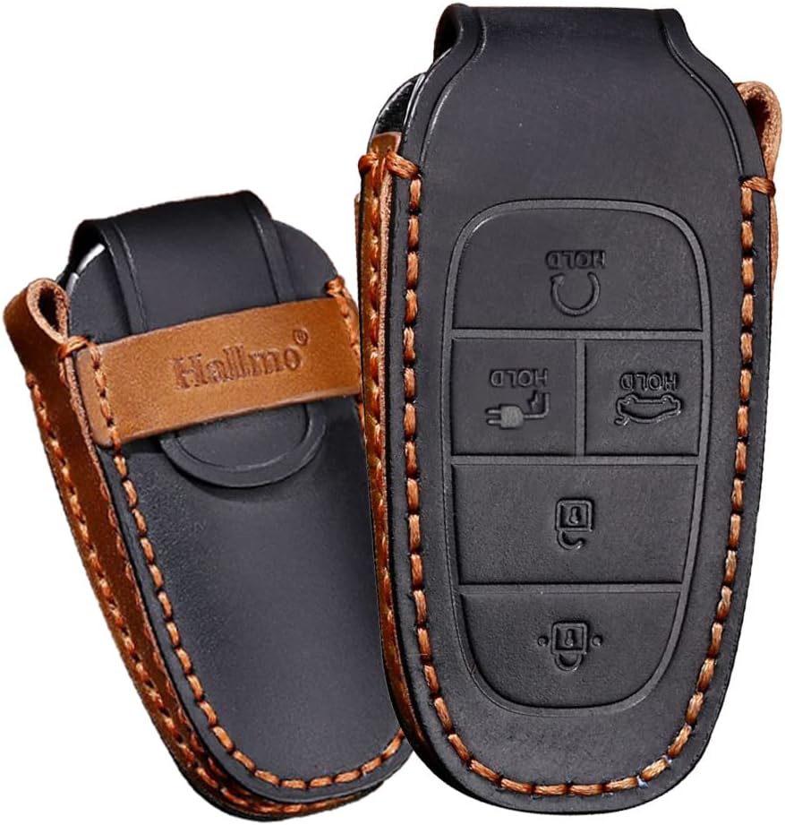SANRILY Handmade Leather 5 Button Key Fob Cover for Hyundai ioniq 5 2023 2022 New Energy Car Key Keyless Full Protection Smart Key Fob Case with Keychain Black