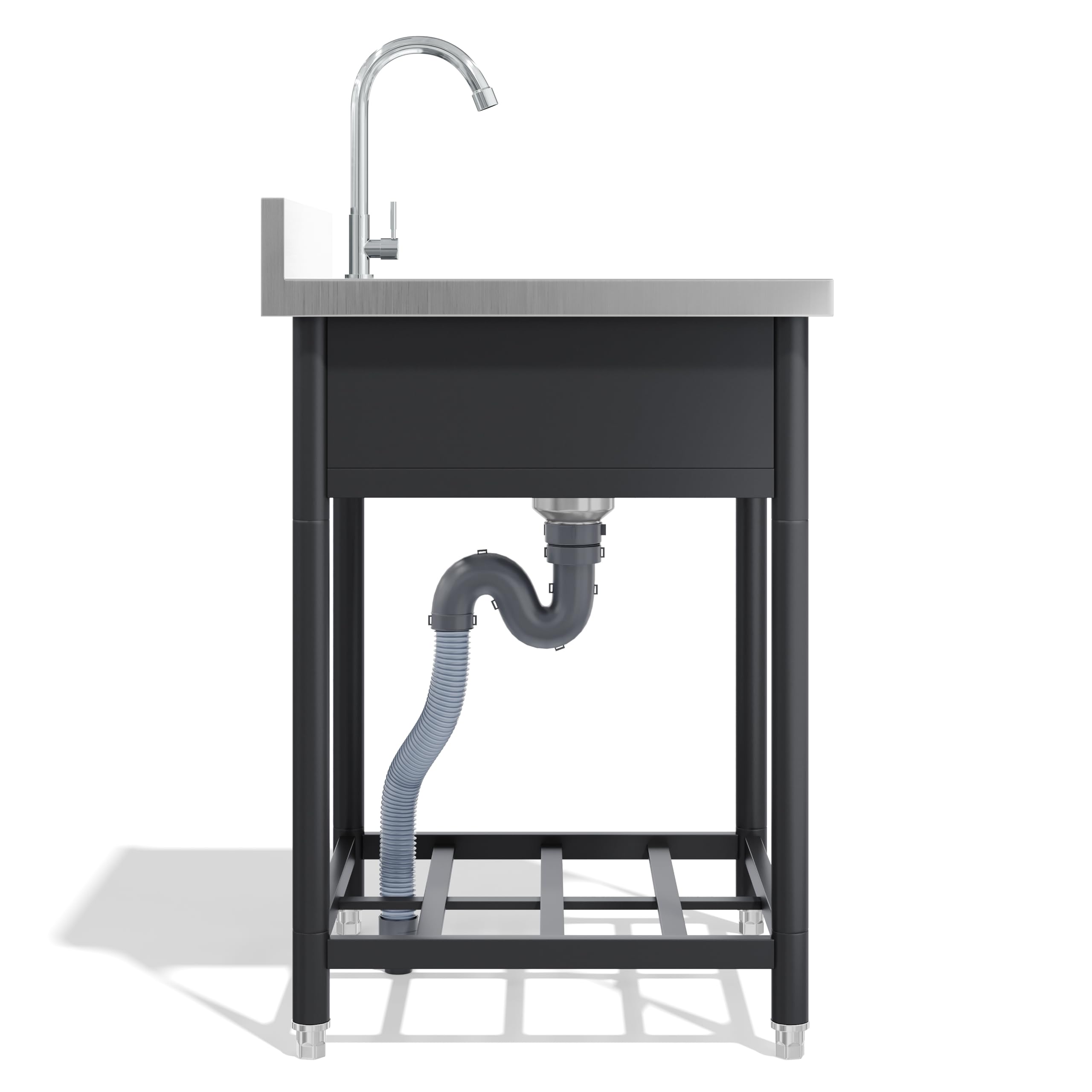Lavello autoportante in acciaio inox con rubinetto e scarico, 60 x 60 cm, per cucina all'aperto, giardino, officina e gastronomia, robusto lavello da cucina da giardino con ripiano