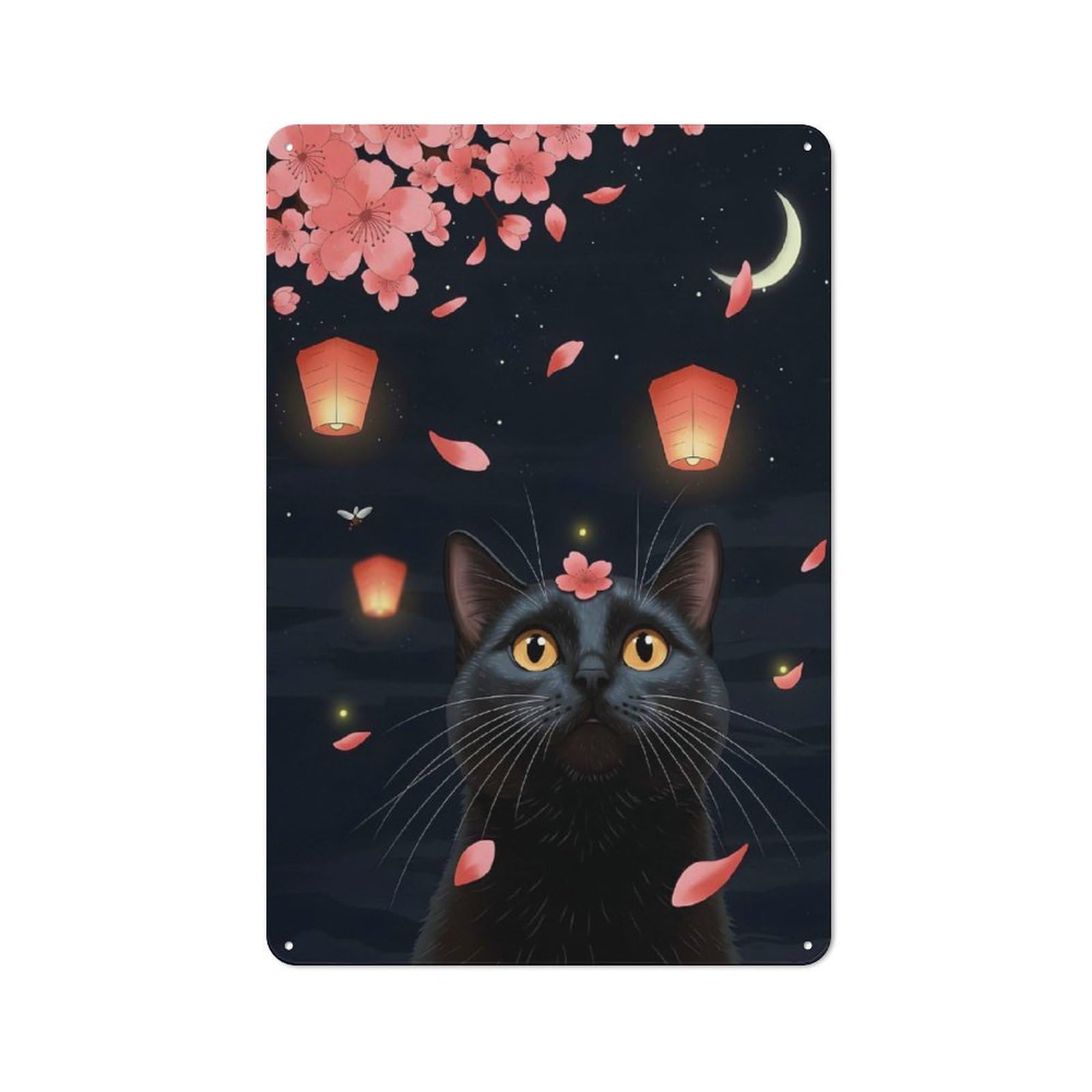 Junmoney Style-23 Black Cat With Cherry Blossoms Retro Metal Sign 30X20cm For Garage Or Workshop, With Clear Retro Wall Decor Character