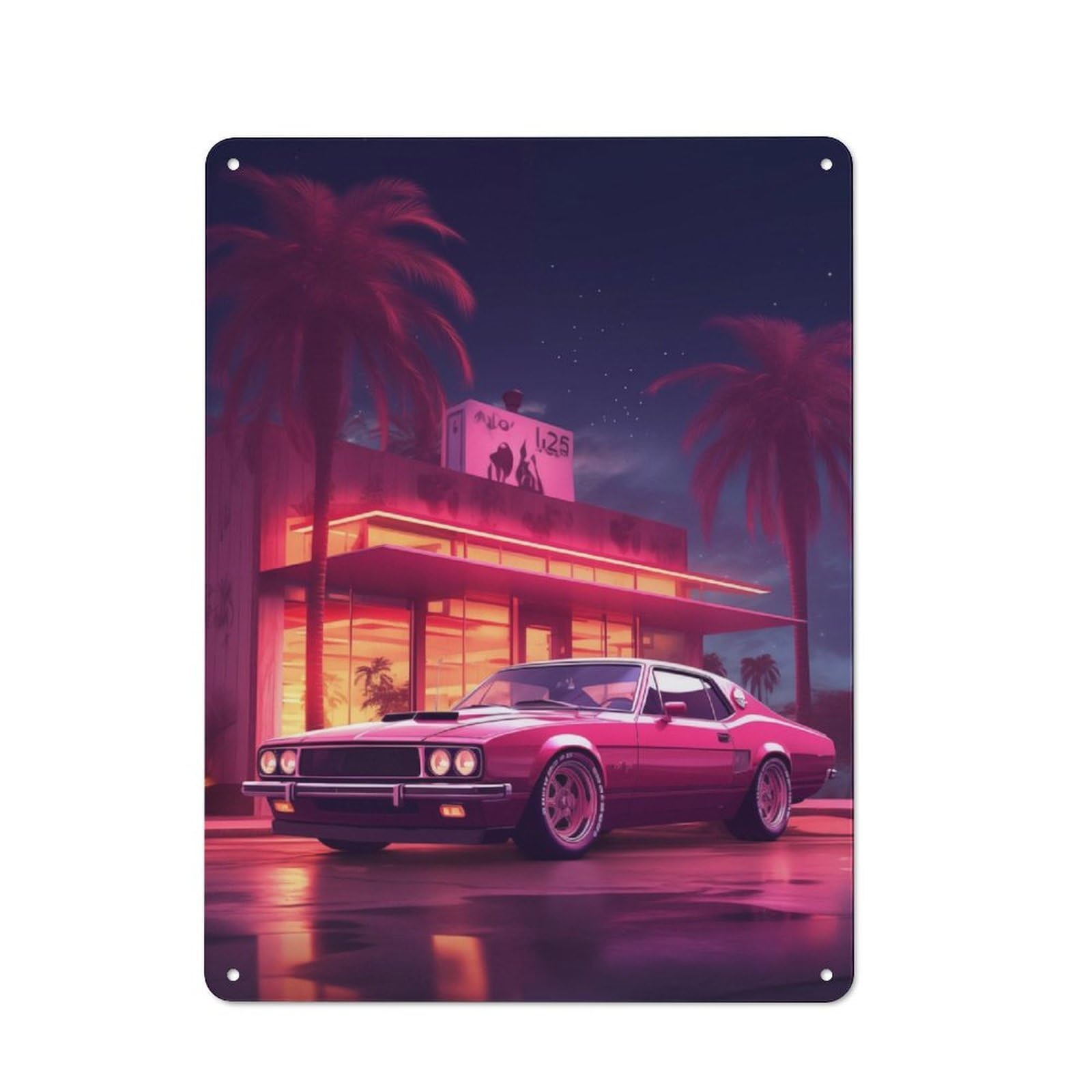 Junmoney Retro Car Night Scene Retro Metal Wall Sign 40X30cm With For Living Room Wall, Housewarming Wall Decor For People Furnishing Living Room