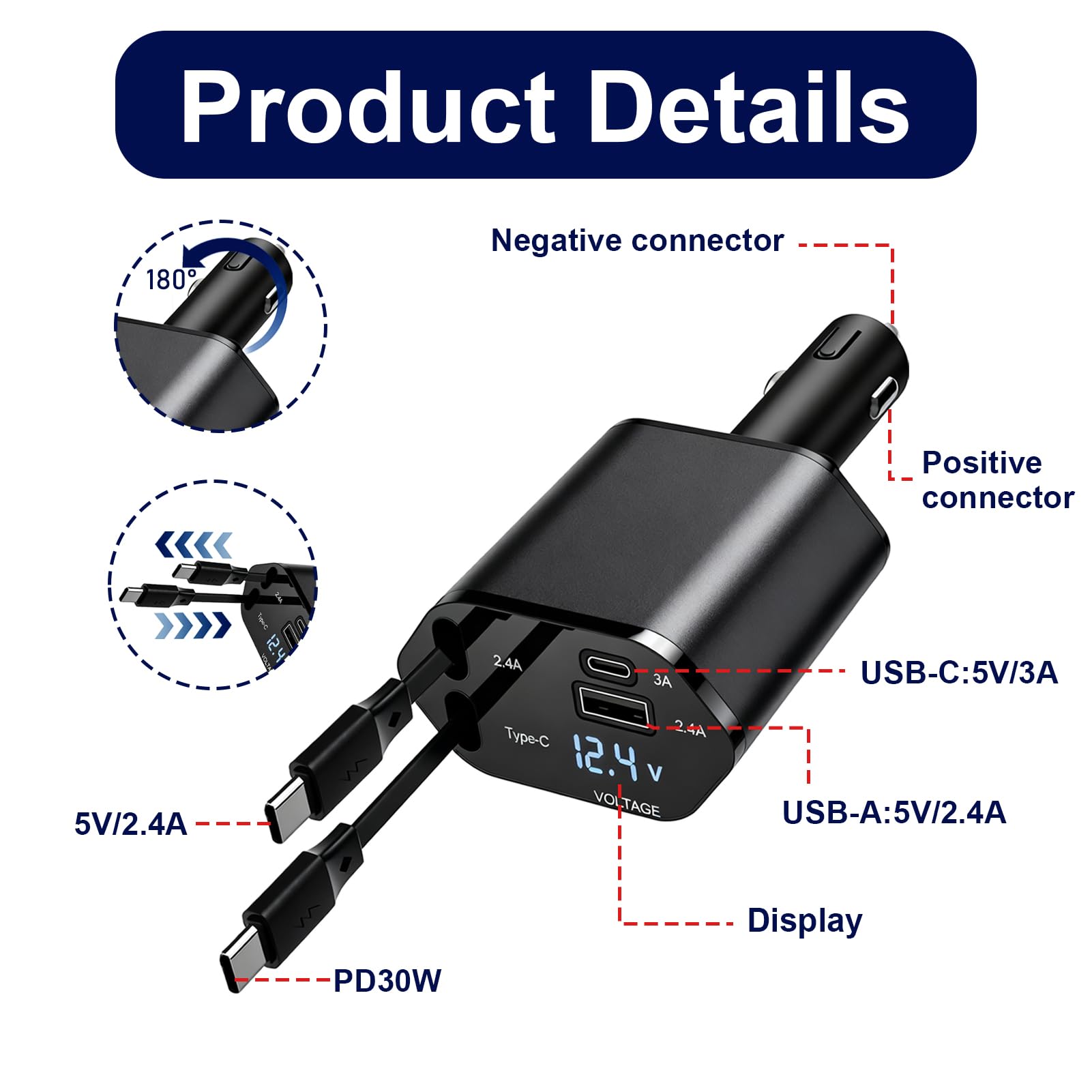 Adattatore accendisigari USB 4 in 1 con 2 cavi PD Tipo C 30W 20W USB-A USB-C caricatore retrattile per auto