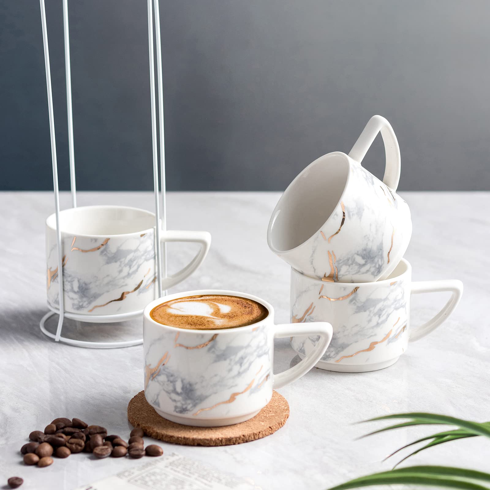 Set di 4 tazze da caffè in ceramica con supporto per tazze da tè, impilabili, 210 ml, colore: bianco