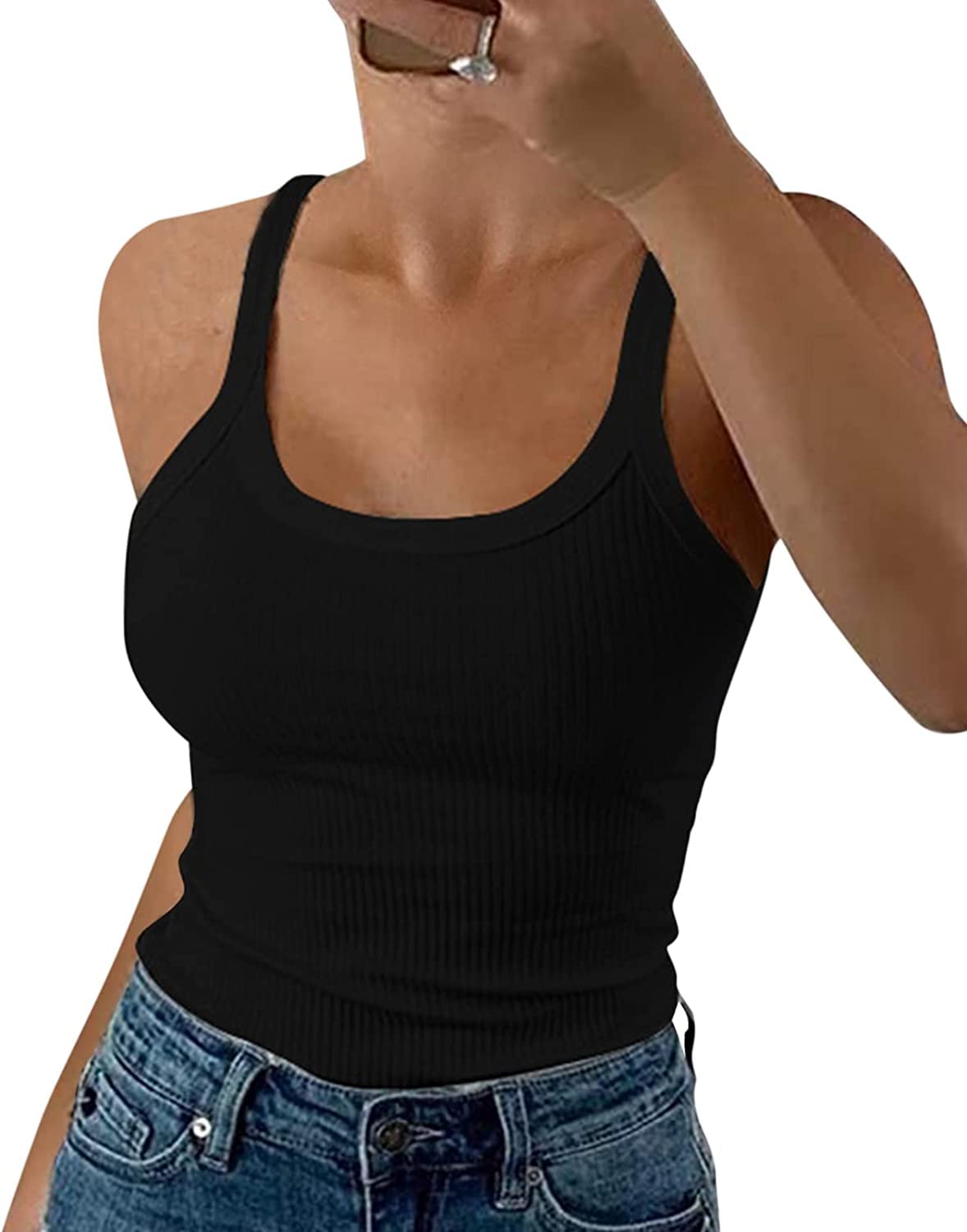 Wenrine Damen Spaghetti Tops Sexy U-Ausschnitt Tank Top Sommer Gerippt Tanktop Slim Fit Einfarbig Camisole