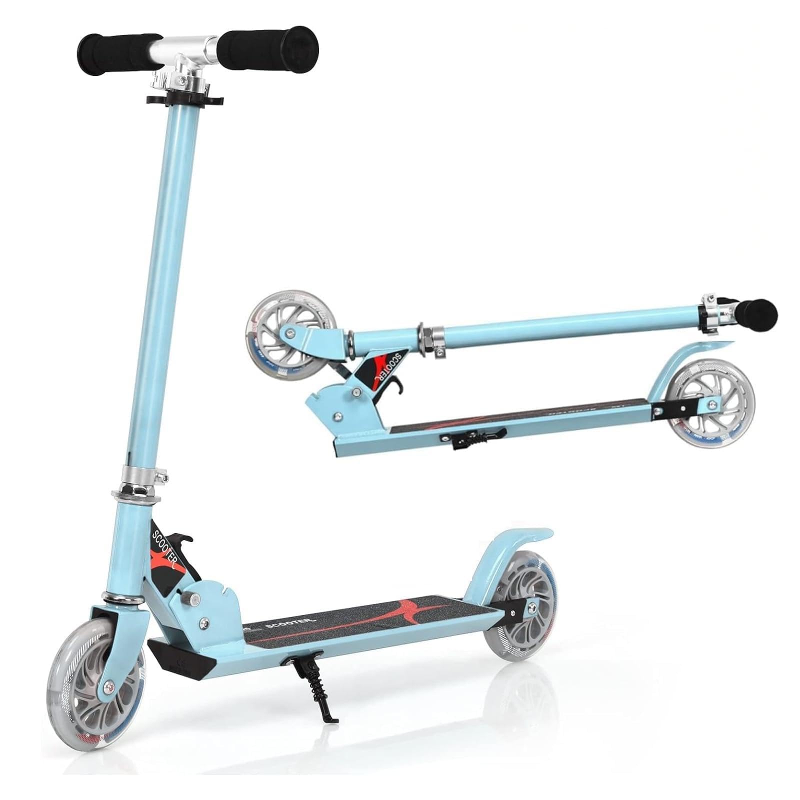 SPOTRAVEL Kick Scooter, Foldable Scooters with LED Flashing PU Wheels and Kickstand, Height Adjustable Scooter for Kids & Teenagers (Light Blue)