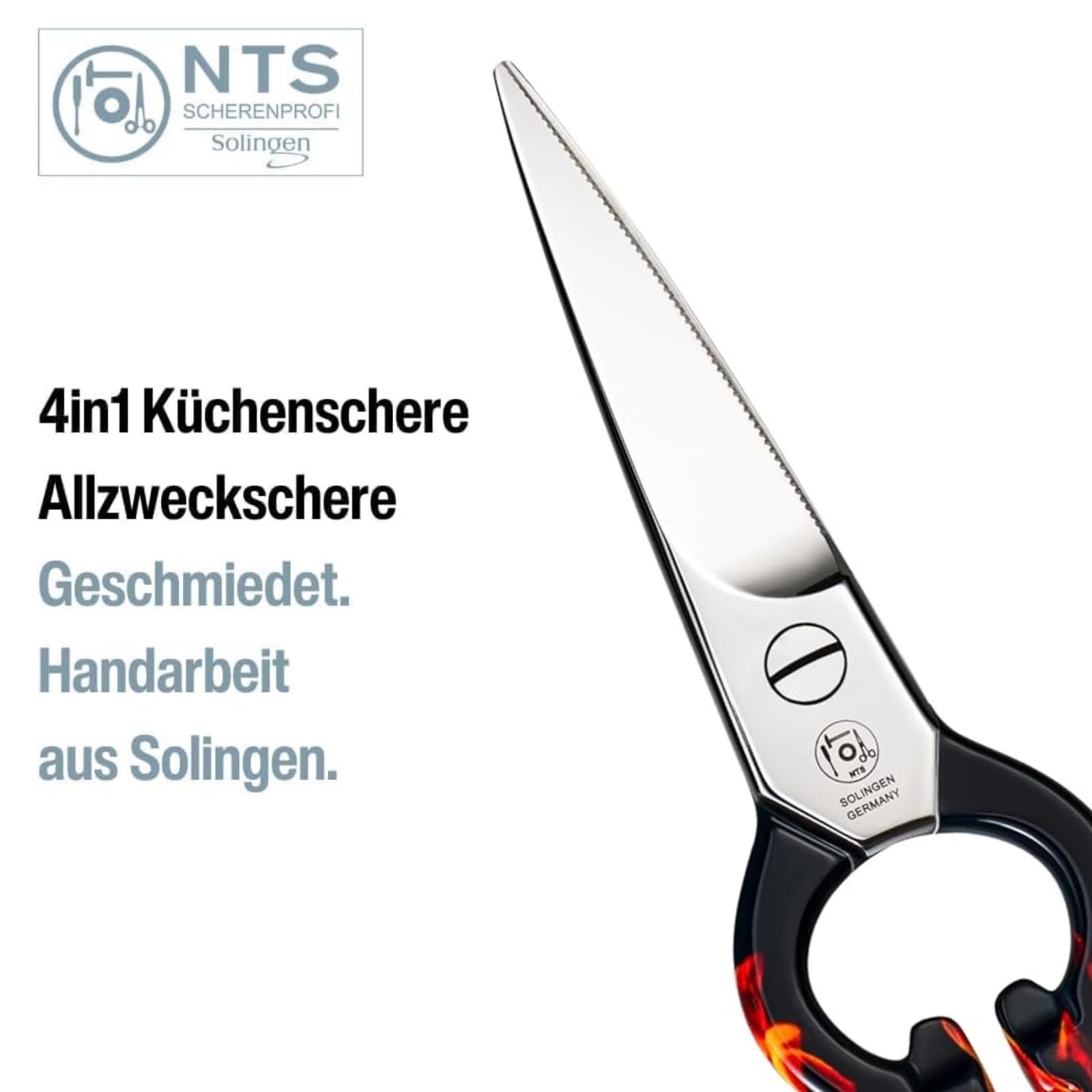 NTS Solingen Tijeras de cocina forjadas de acero inoxidable, edición BBQ Edition, fabricadas en Alemania, tijeras domésticas de alta calidad adecuadas para diestros y zurdos, tijeras afiladas para la