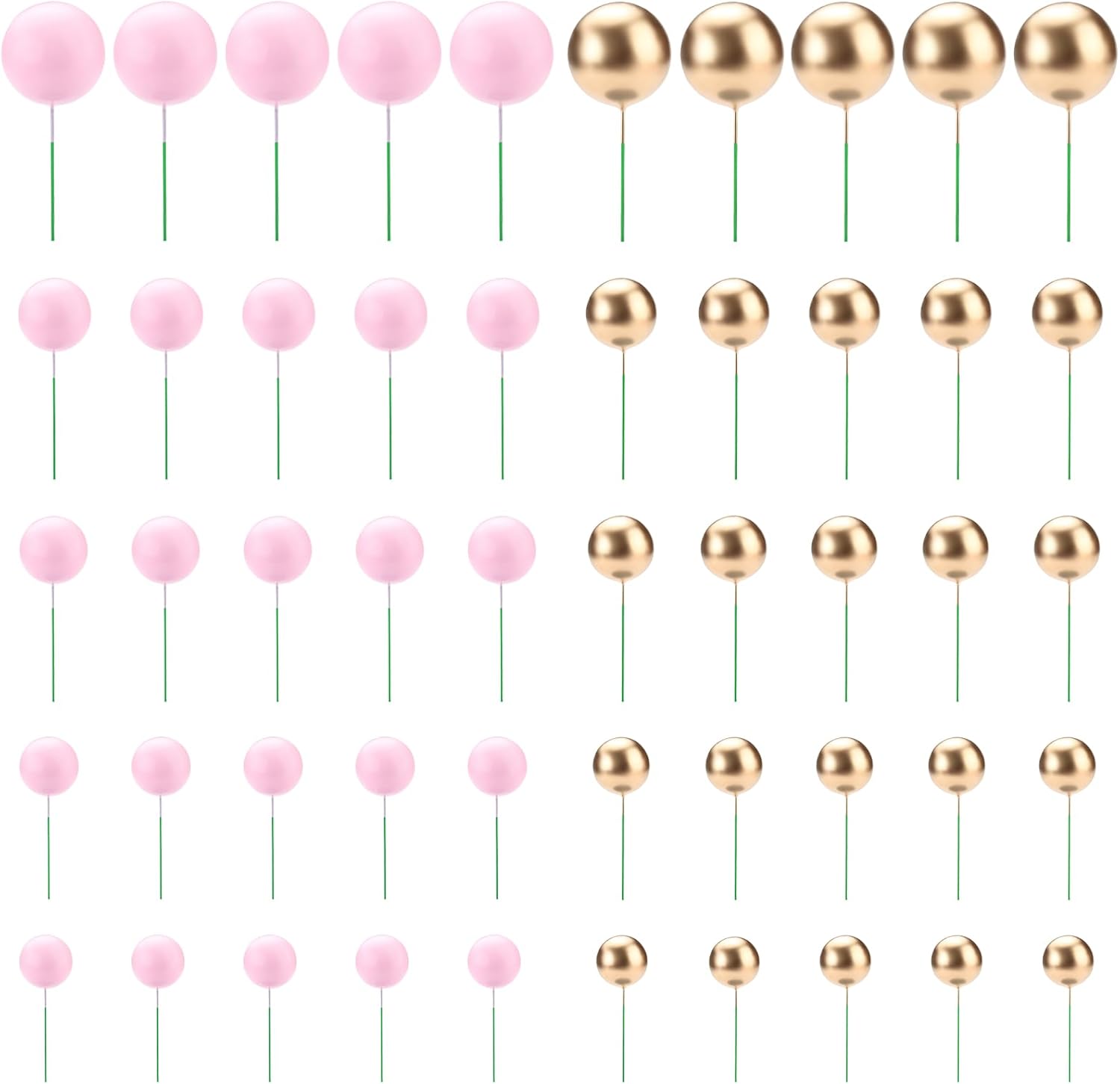 Huakaile 50 Pieces 5 Sizes Pink & Gold Cake Balls Picks, Foam Cake Balls Decorations Sticks, Non-Edible Balloon Cupcake Toppers Insert for Birthday Party Wedding Dessert (Gold & Pink)