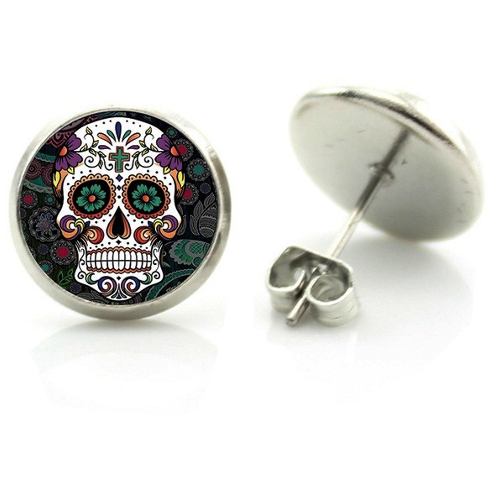 DianaL Boutique Silver Tone Glass Cabochon Gothic Skull Earrings Stud Post Art Picture Jewelry