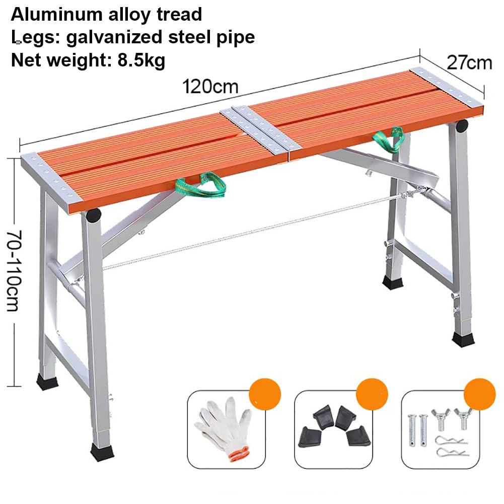 Andamio profesional de aleación de aluminio, altura ajustable, antideslizante, 120 cm de largo, diseño plegable de acero galvanizado para una plataforma de trabajo segura