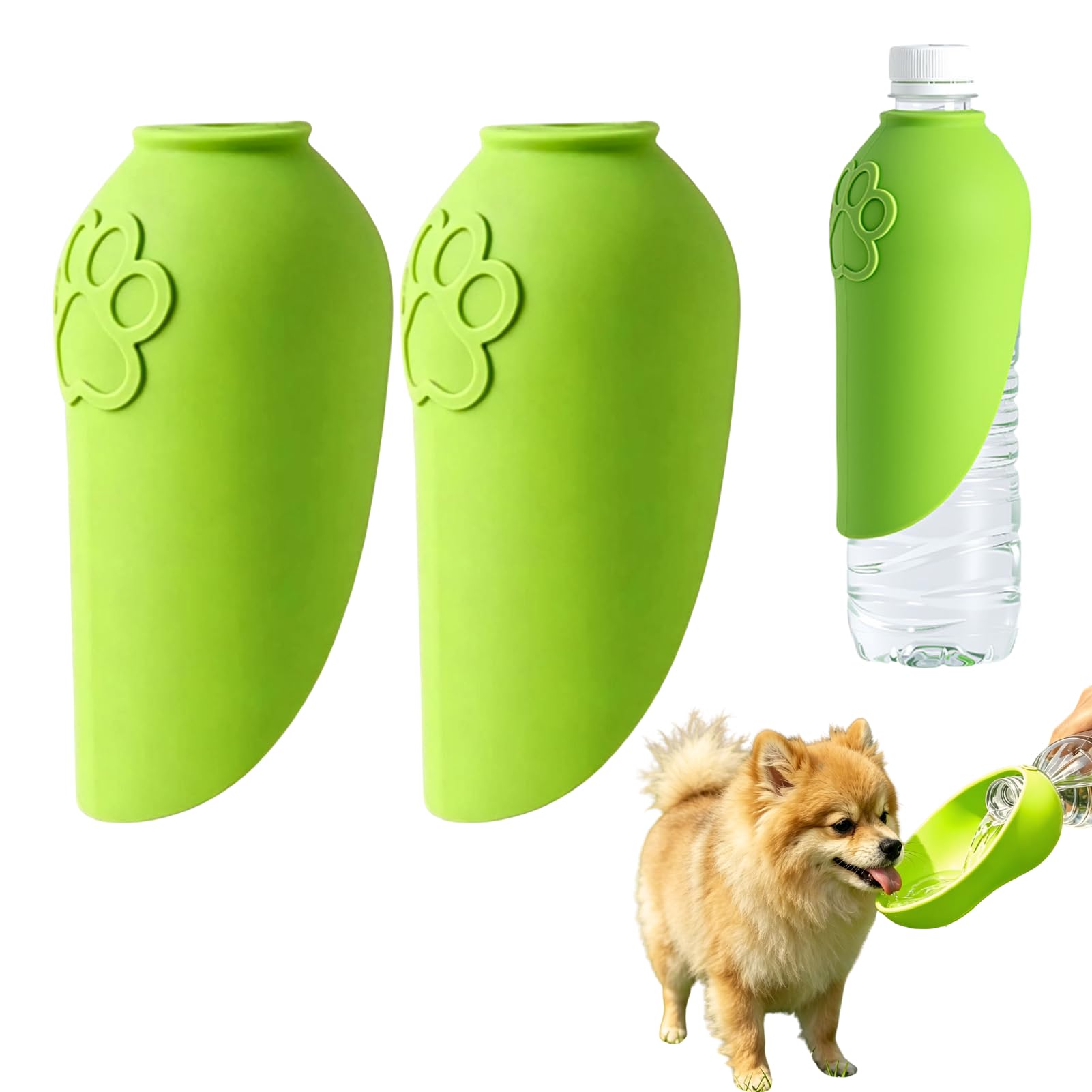 Dog Water Dispenser for Mineral Water Bottle, Silicone Universal Pet Drinking Dispenser with Hanging Rope, Portable Dog Accessories for Most Drinking Bottle, Walking, Hiking, Travel (Green*2)