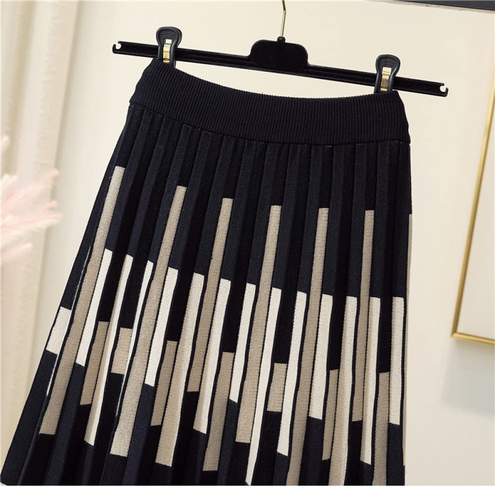 Faldas para Mujer Longitud Mediana, Falda De Punto A Rayas Faldas Plisadas Negras para Mujer Cintura Elástica Midi Falda Elegante De Talle Alto De Línea A Falda