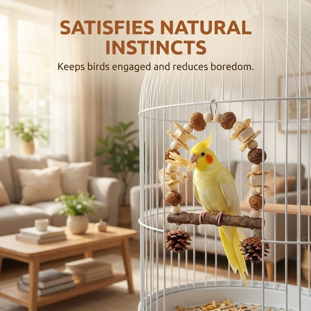 Natural Wood Bird Swing Toy for Parakeets Cockatiels, Parrot Hanging Perch with Chewing Pine Cones & Beak Grinding Pumice Stone, Bird Cage Accessories for Conure Lovebirds Budgies - Boredom Relief - image 5