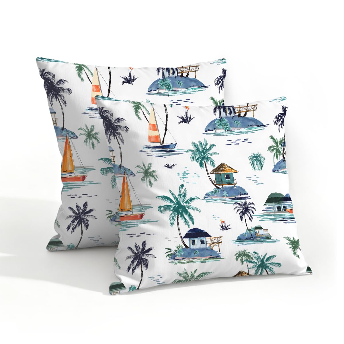 Outdoor Pillow Covers Waterproof Pillowcases 18x18in Set of 2 Coastal Sailboats Palm Tree Decorative Throw Cushion Case for Couch Sofa Garden Patio Furniture