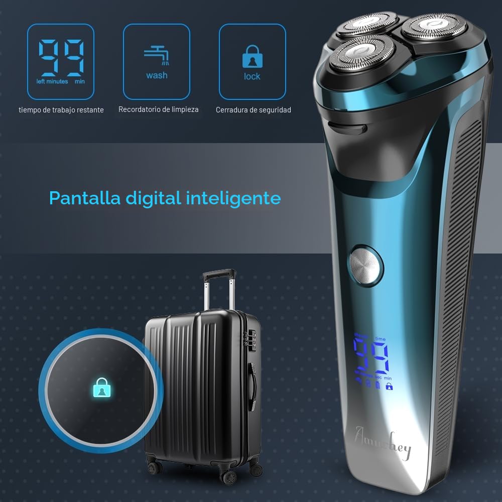 Máquina de Afeitar Barba [2026 New] Afeitadora Eléctrica Hombre con recortadora, Cabezal flexible 360º, 120 min de uso, En Seco y Húmedo, USB-C Recargable, Azul