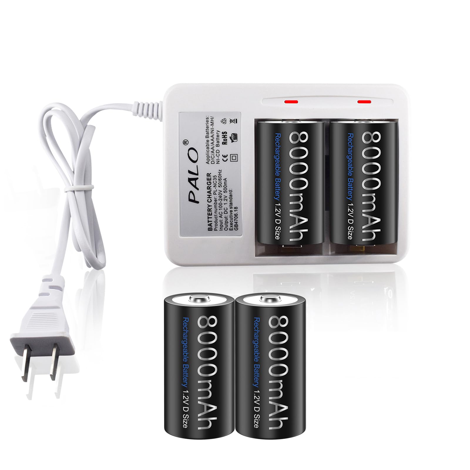 2 Pack Rechargeable D Size Batteries with Dual Slot LED Universal Ni-MH/Ni-CD Battery Charger for AA/AAA/C/D Rechargeable Battery