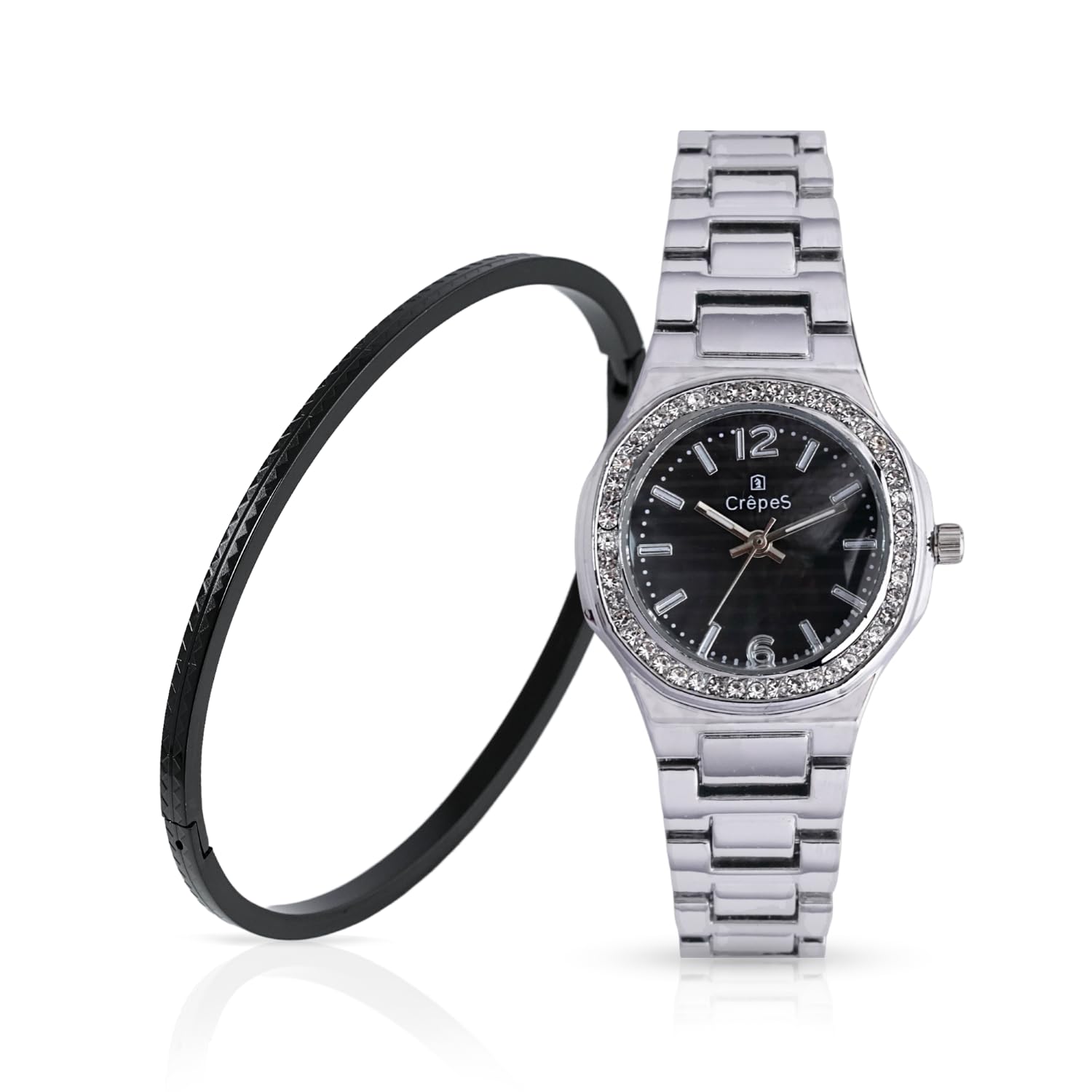 CrepeS Stylish Curva Analog Watch Silver-Black & Zigzag Bracelet Black Stack for Women (B0D3L8SB4Z) Amazon Price History, Amazon Price Tracker