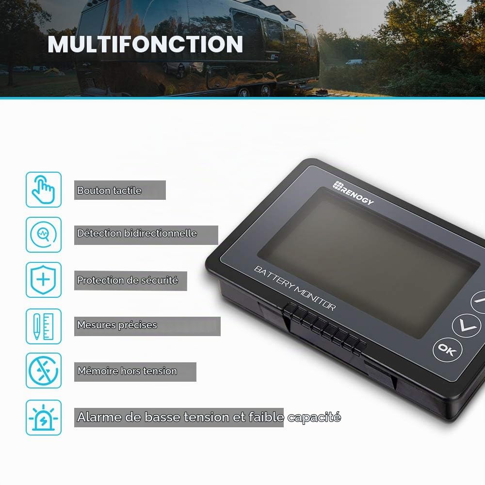 Renogy Moniteur de Batterie 500 A Haute et Basse Tension programmable Alarme pour Lithium