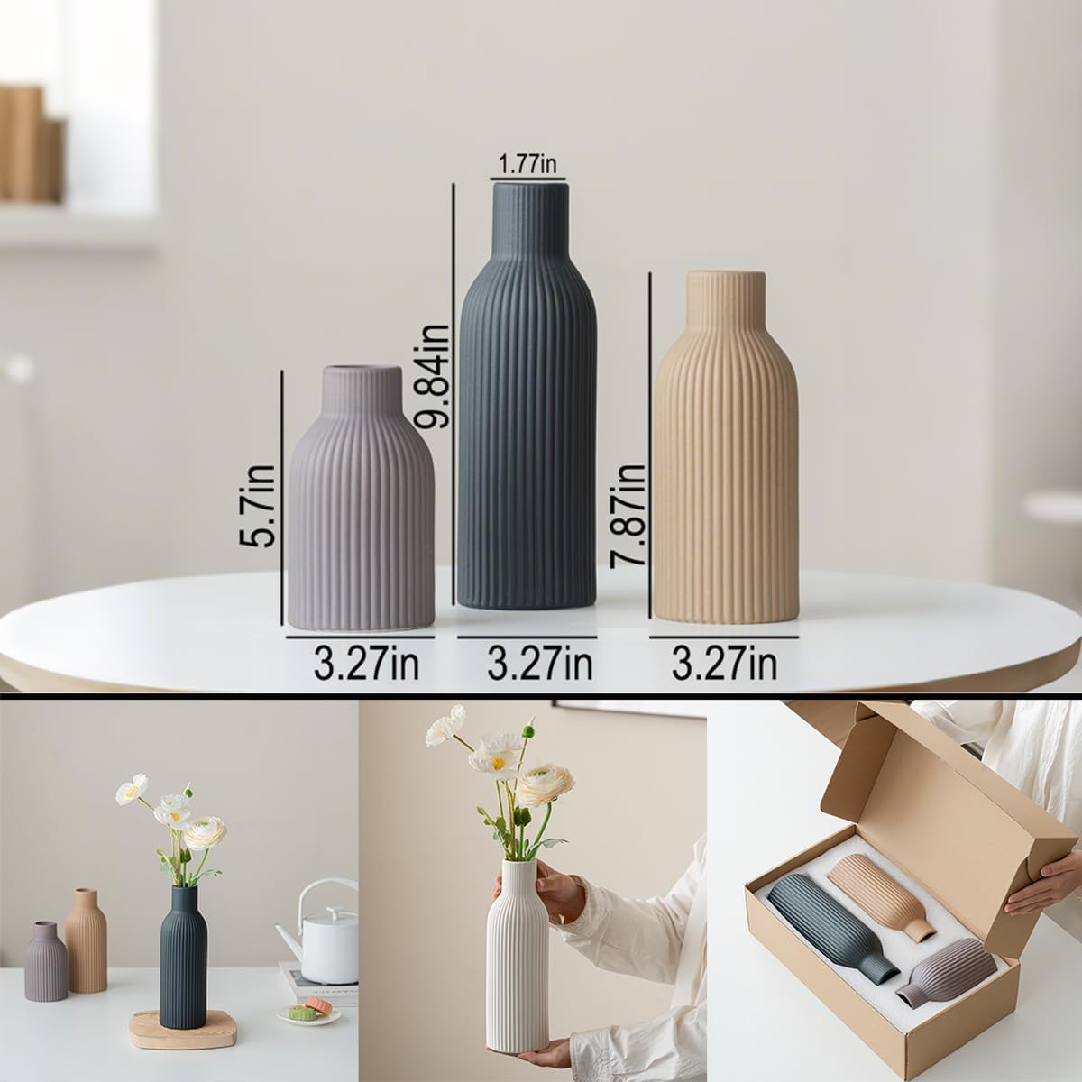 Modern Ceramic Vases Set of 3, Black Ribbed Decorative Vases, Shelf Table Centerpiece for Home Decor (Black Mix) image 2 of 9 B0F11HJQTW