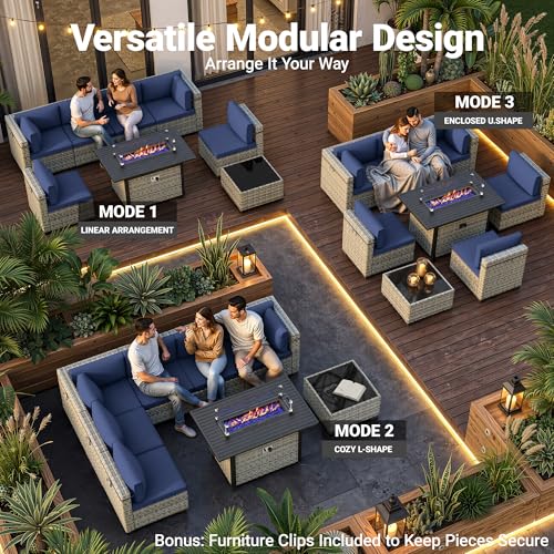 Image of 8-Piece Modern Patio Furniture Set with 55,000 BTU Fire Pit Table, Thick Cushions, Dual-Strand Wicker Rattan, Rust-Resistant Frame, Navy Blue