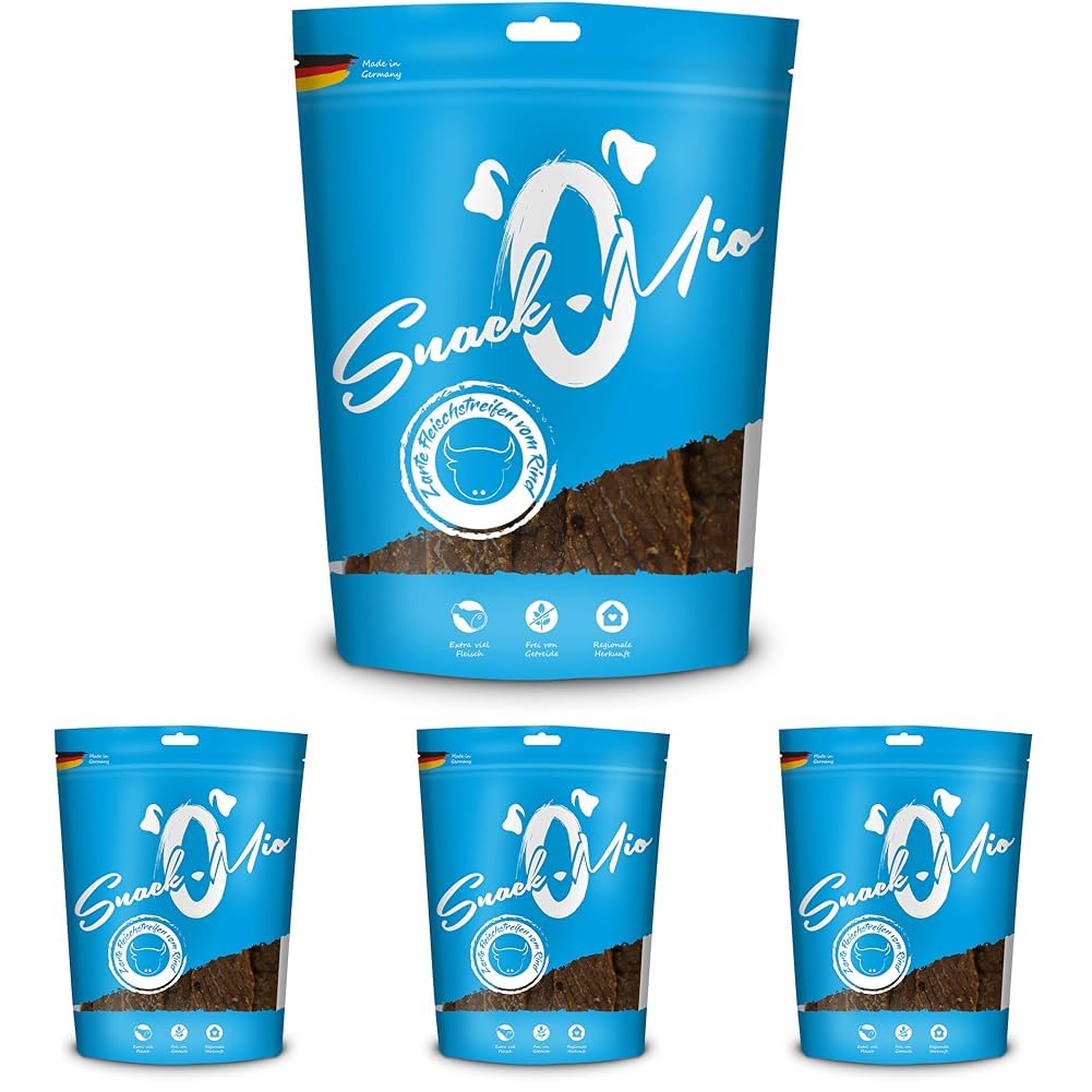 SnackOMio – Premium Hundesnack – zarte Fleischstreifen vom Rind, getreidefrei, 4er Pack (1 x 125g)
