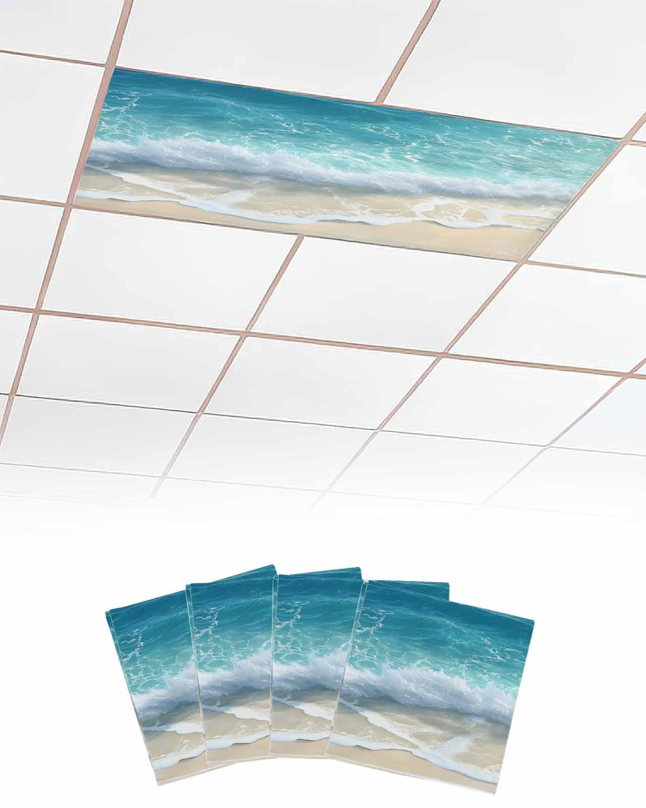 EwdeWwo Beach 4 Pcs Fluorescent Light Covers for Ceiling Lights, Tropical Scenery Summer Sea Waves Magnetic Light Filters for Eliminate Harsh Glare Classroom Office Decoration, 4 x 2 Ft