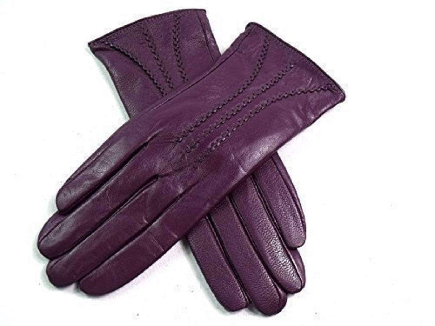 Le Women's Purple Real Leather Stripe Detail Gloves (Medium, )