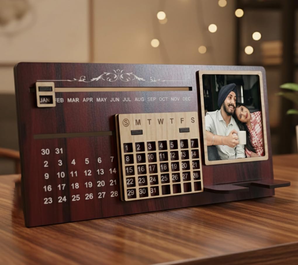 THEPINKRIBBON Presonalised Infinity Sliding Wooden Desk Calendar with Mobile Stand & Custom Photo | Lifetime Perpetual Table Calendar & Desk Organizer for Office/Home | Personalized & Customised Gift for Men, Women & Corporate Gifting (Dark Walnut, Half Stand)-image-47