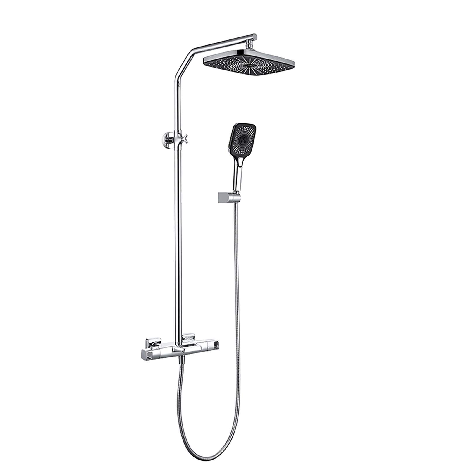 QUSYZD Thermostatic Shower Combo Set Exposed Bathroom Shower Faucet Set with Rainfall Shower Head, Multifunctional Handheld Shower, Tub Spout,Black,Chrome,Chrome
