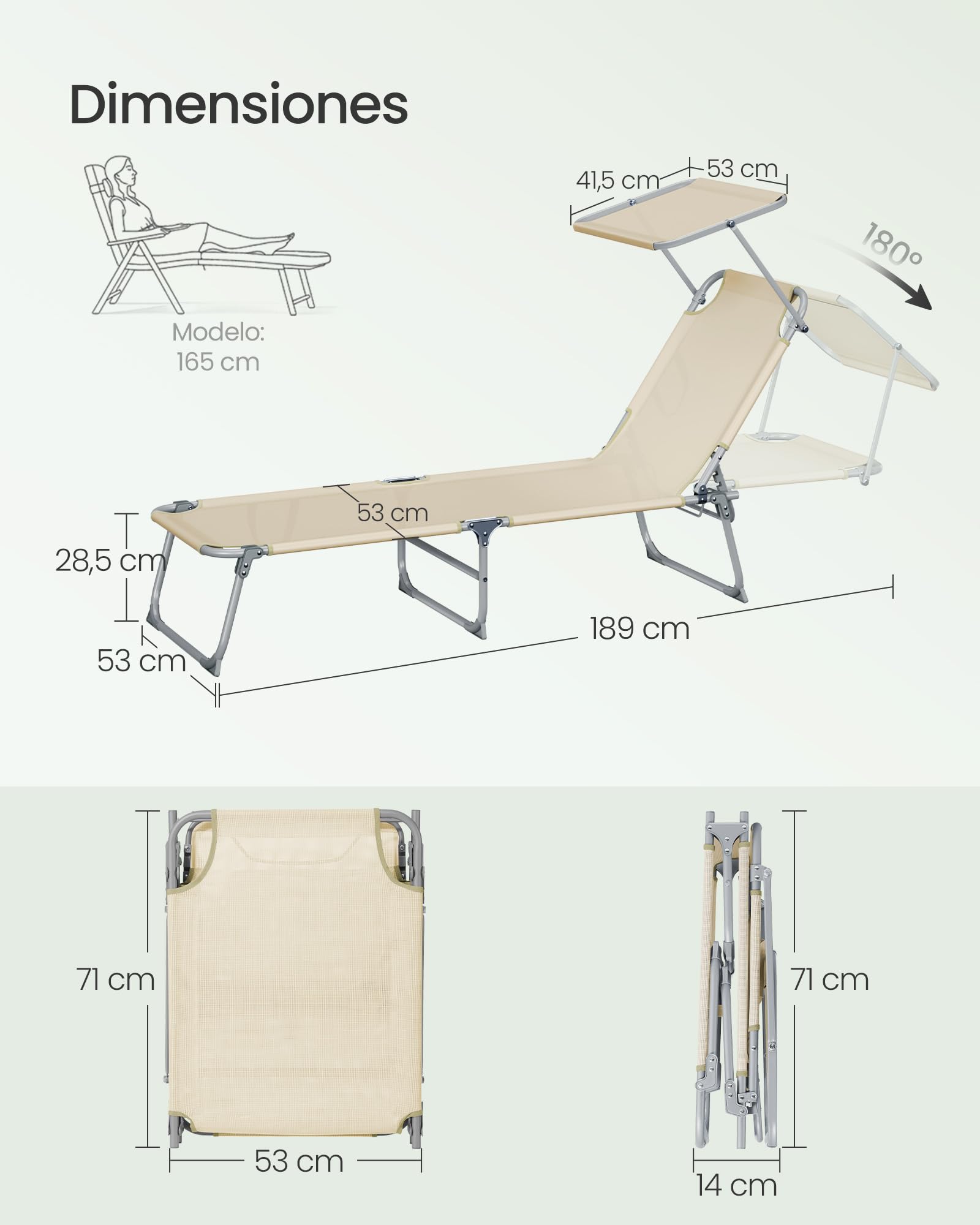 SONGMICS Tumbonas Plegables, 189 x 53 x 28,5 cm, Juego de 2 Tumbonas para Jardín, Cada Una con Carga 110 kg, con Parasol y Respaldo Ajustables, para Terraza y Balcón, Beige GCB294WZ02