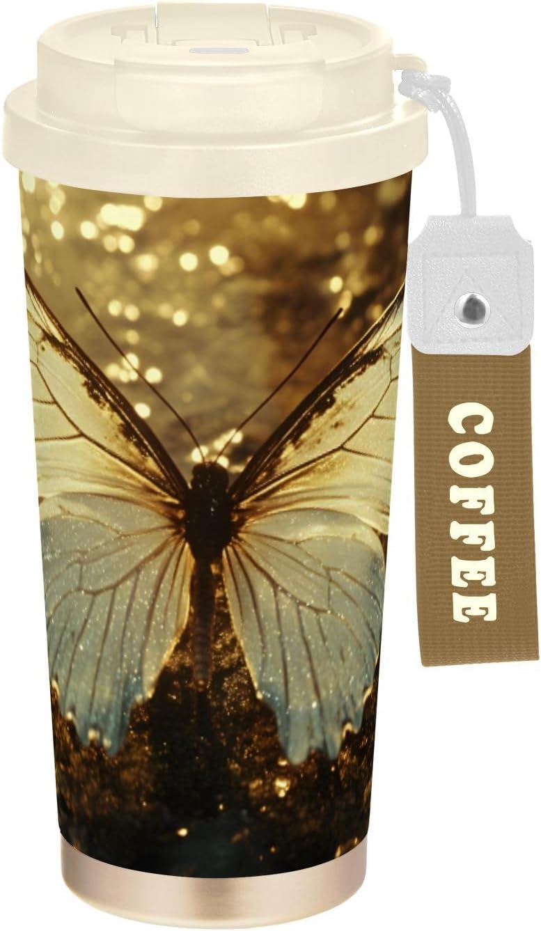Butterfly Gold Insulated Coffee Mug with Straw & Flip Lid, 16.9oz Iced Tumbler Cup, Double Wall Vacuum Leak-Proof Mug for Travel Office