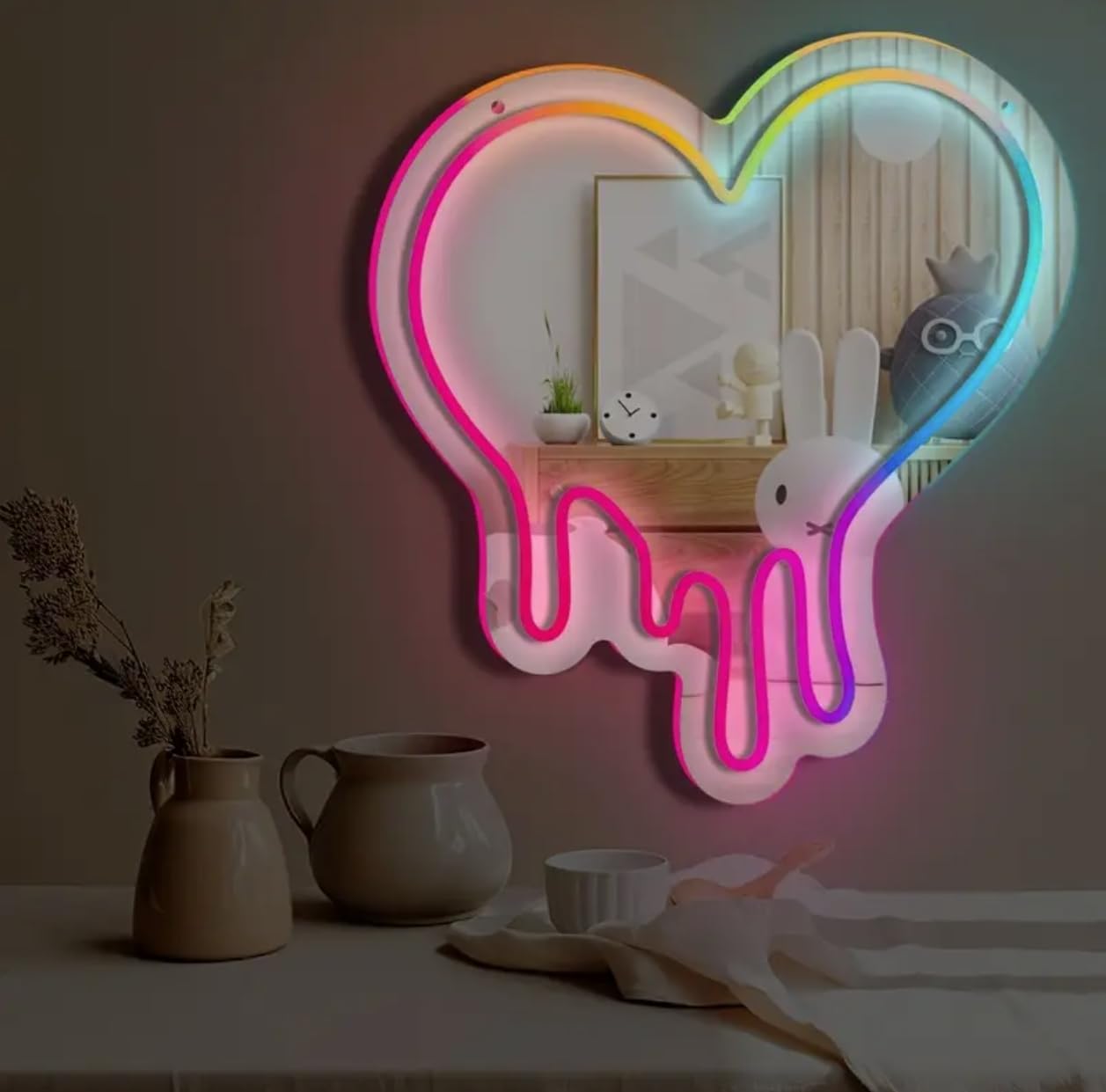 Water Drop Heart Shaped RGB Neon Sign Mirror - Wedding Home Decor Wall Art Light for Bedroom Living Room Party Decorations — image 1