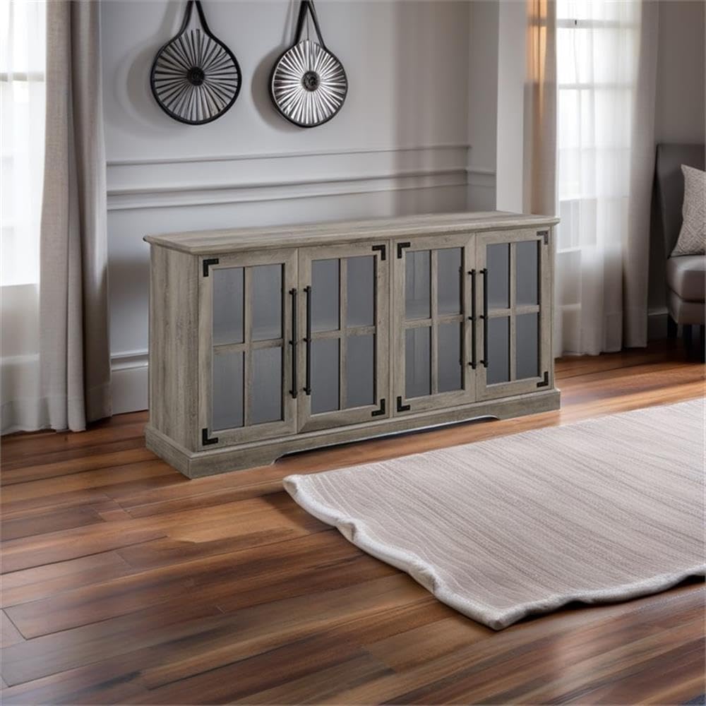 Pemberly Row Farmhouse 4 Door Wood TV Stand, Gray Wash Finish, Fits TVs up to 58", Adjustable Shelves, Cord Management, Tempered Glass Doors, Rustic Handles, Metal Accents, 28"H x 16"W x 58"D Media