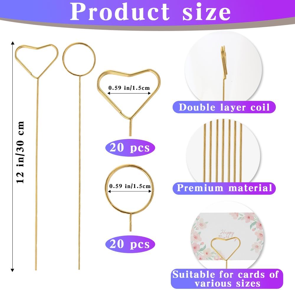 40Pcs Floral Card Holder Picks Gold Metal Wire Flower Card Stick 12 Inch Picture Photo Memo Gift Cards Holder Sticks for Floral Arrangement Bouquet Wedding Decoration Flower Pick for Cards Mixed image 3