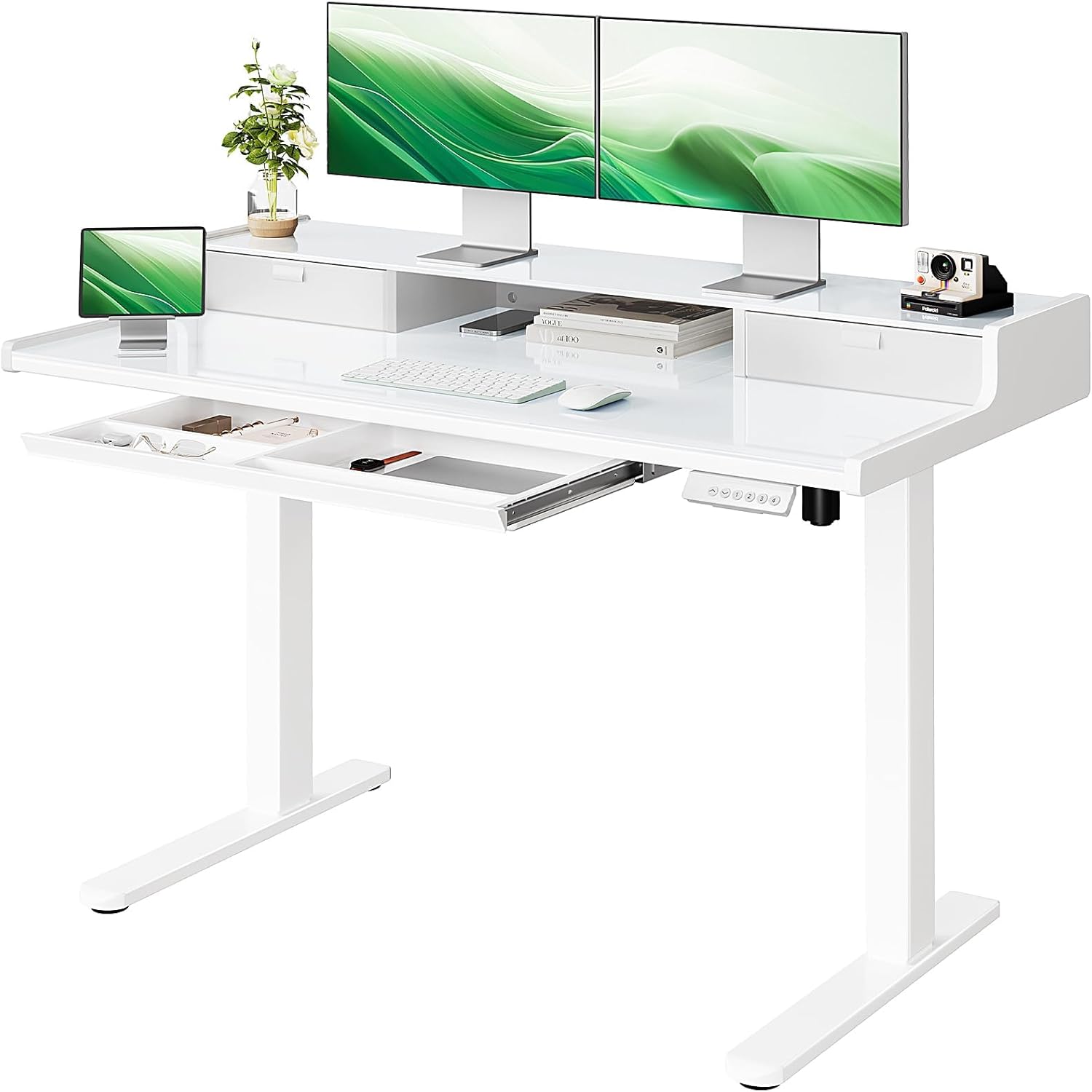 Marsail 48x24 inch Glass Standing Desk with Drawers, Computer Desk with Monitor Stand, Home Office Adjustable Table with Drawers, 4 Preset Heights, Stand up Table for Home, Office, White