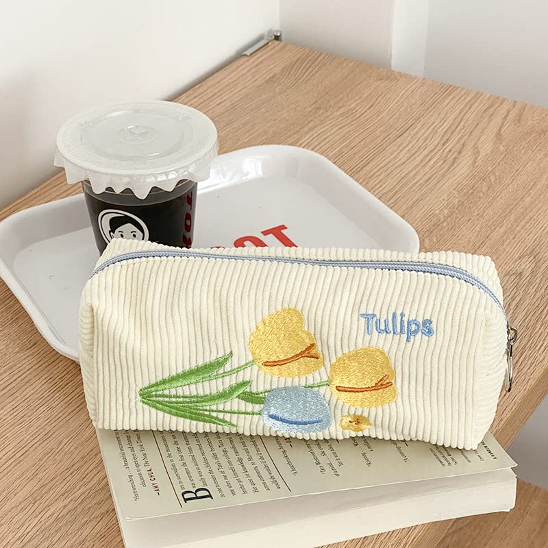 Miniatura 3 de Linda bolsa de maquillaje de pana para viaje, organizador de cosméticos, bolsa de aseo estética, tulipanes con portátil, para mujer (Tulip con