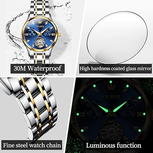 Miniatura 5 de OLEVS - Relojes Automáticos para Mujer con Tourbillon de Diamante, Relojes de Pulsera Elegantes, Fase Lunar, Impermeables, Luminosos