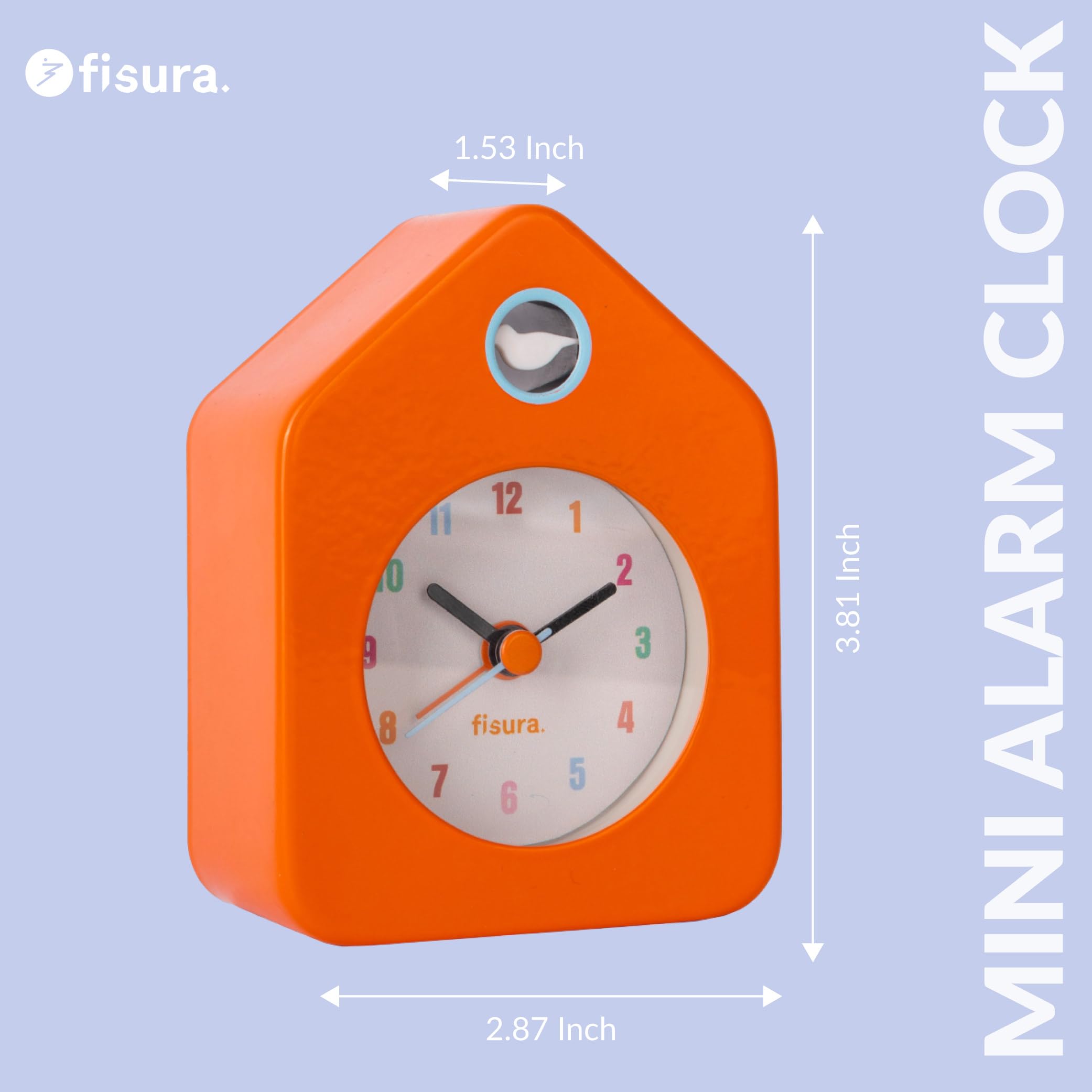 Fisura – Mini budzik w kształcie domku, pomarańczowy. Cichy zegar analogowy bez tykania. Kompaktowy alarm o oryginalnym designie. Wymiary: 9,7x7,3x4,5 cm. 1 bateria AA.