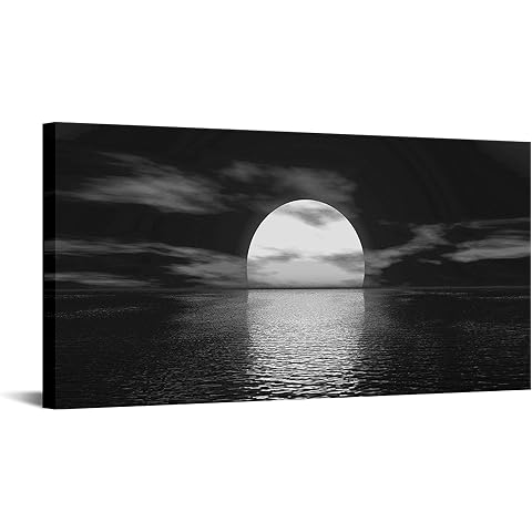 Conipit Large Black and White Canvas Full Moon Wall Art Sunset Picture Prints Moon on Sea Ocean Landscape Artwork for Home Decor Framed Ready to Hang 24''x48''