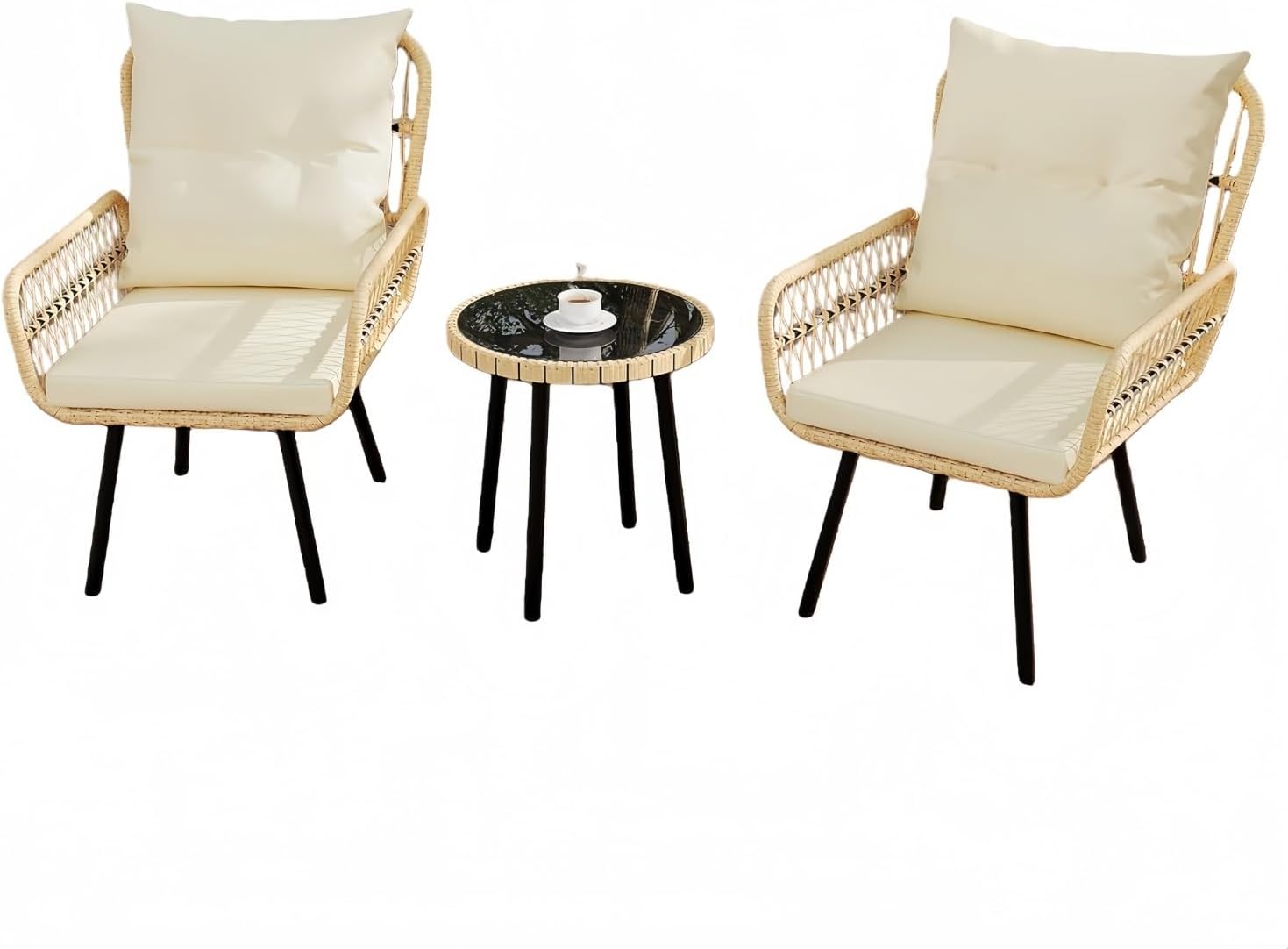 3-Piece Outdoor Wicker Bistro Set - Ergonomic Rattan Chairs with Thick Waterproof Cushions & Coffee Table for Patio
