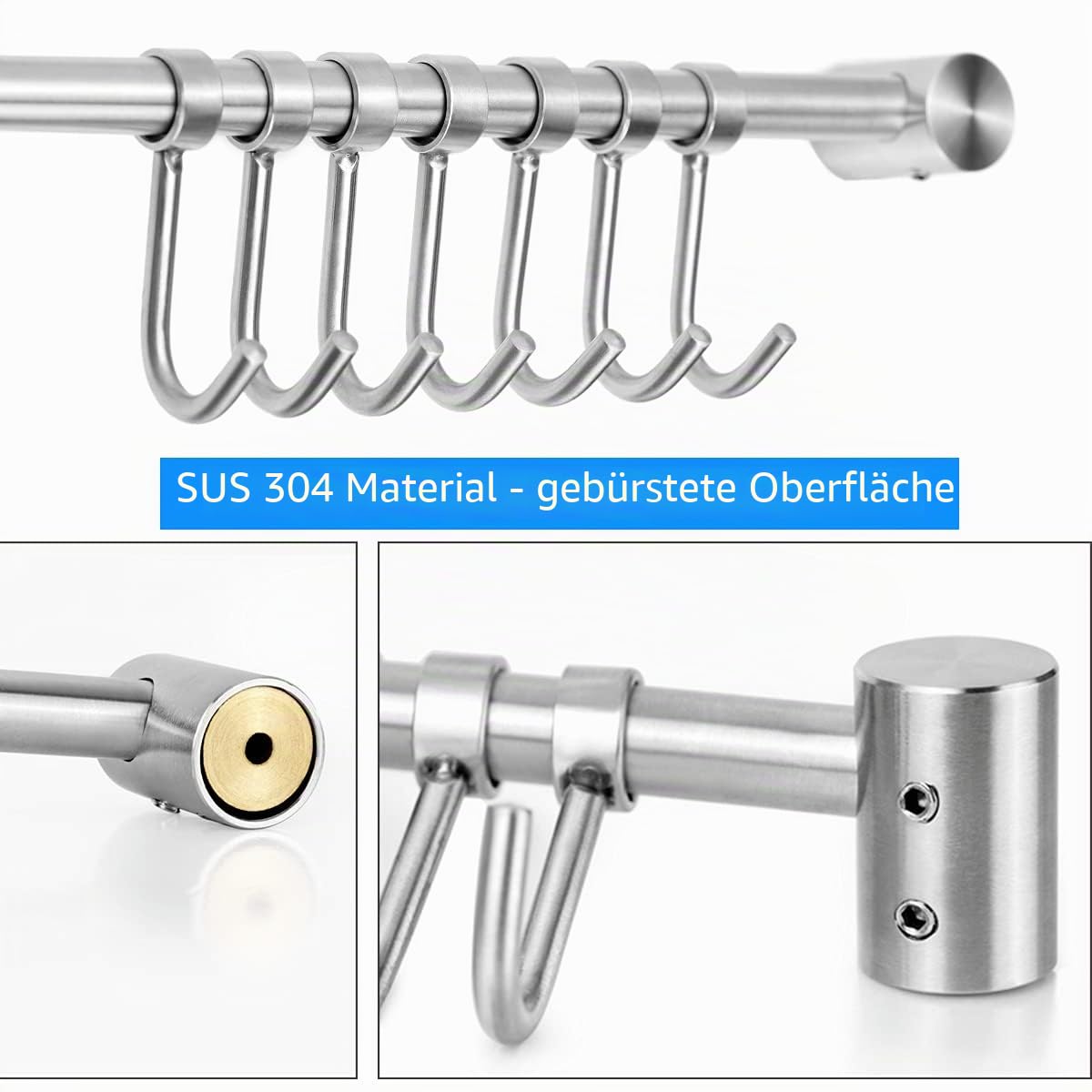 Audmore Küchenutensilien-Rack, 2 Stück, 39.6 cm Töpfe und Pfannen, Hängeregal zur Wandmontage, 304 Edelstahl-Deckel, Kochutensilienaufhänger, 7 Schiebehaken für Spatel, Messbecher, Kaffeebecher