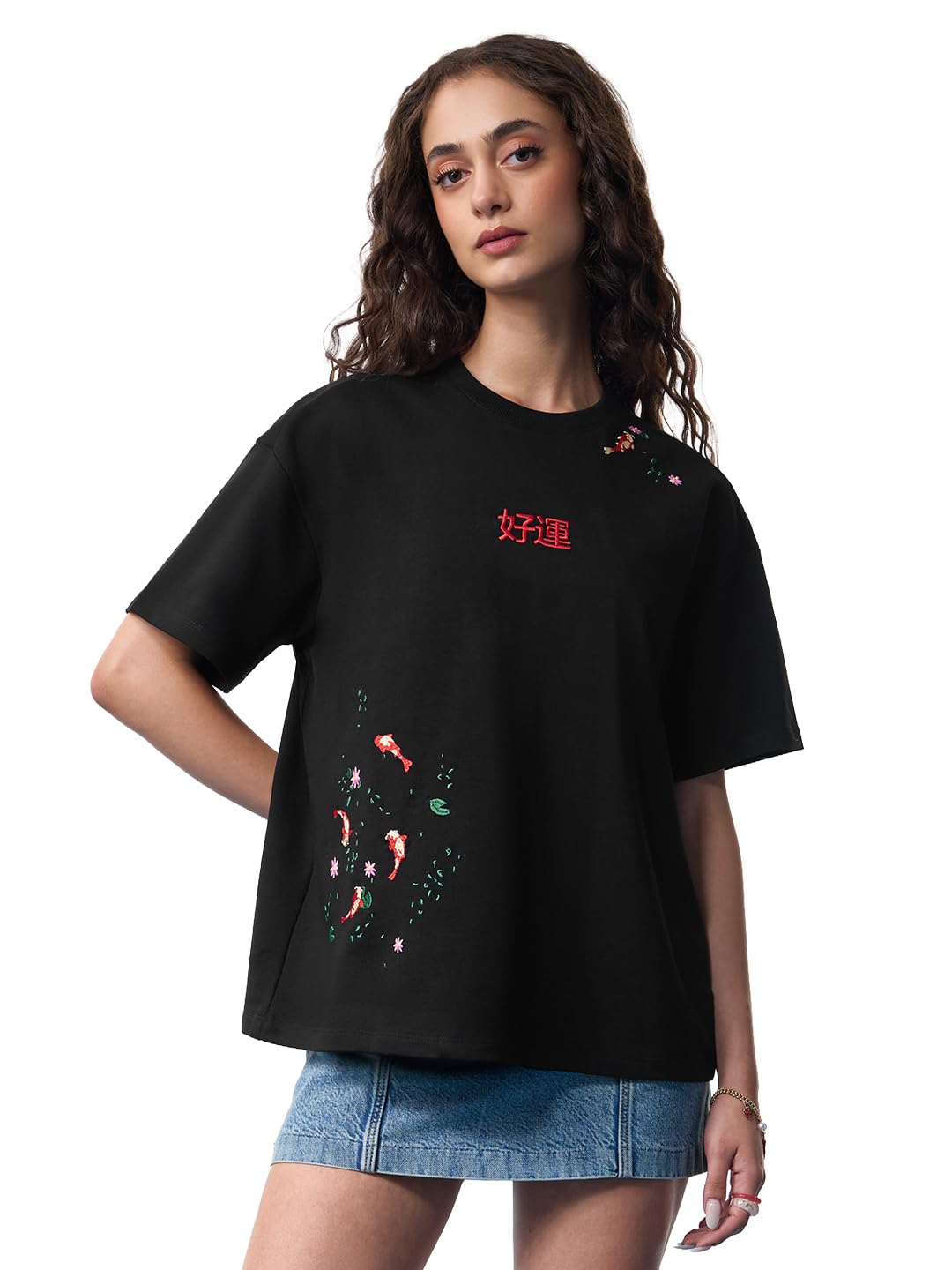 the souled store Casual Classics: Pink Koi Women and Girls Short Sleeve Round Neck Black Embroidered Cotton Breathable Lightweight Streetwear Casual Oversized T-Shirts-picture-12