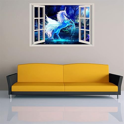 Miniatura 5 de YOWOCAL 3D falsas ventanas pegatinas de pared, diseño de unicornio de fantasía extraíble para decoración de la sala de estar de los niños, 23.6 x