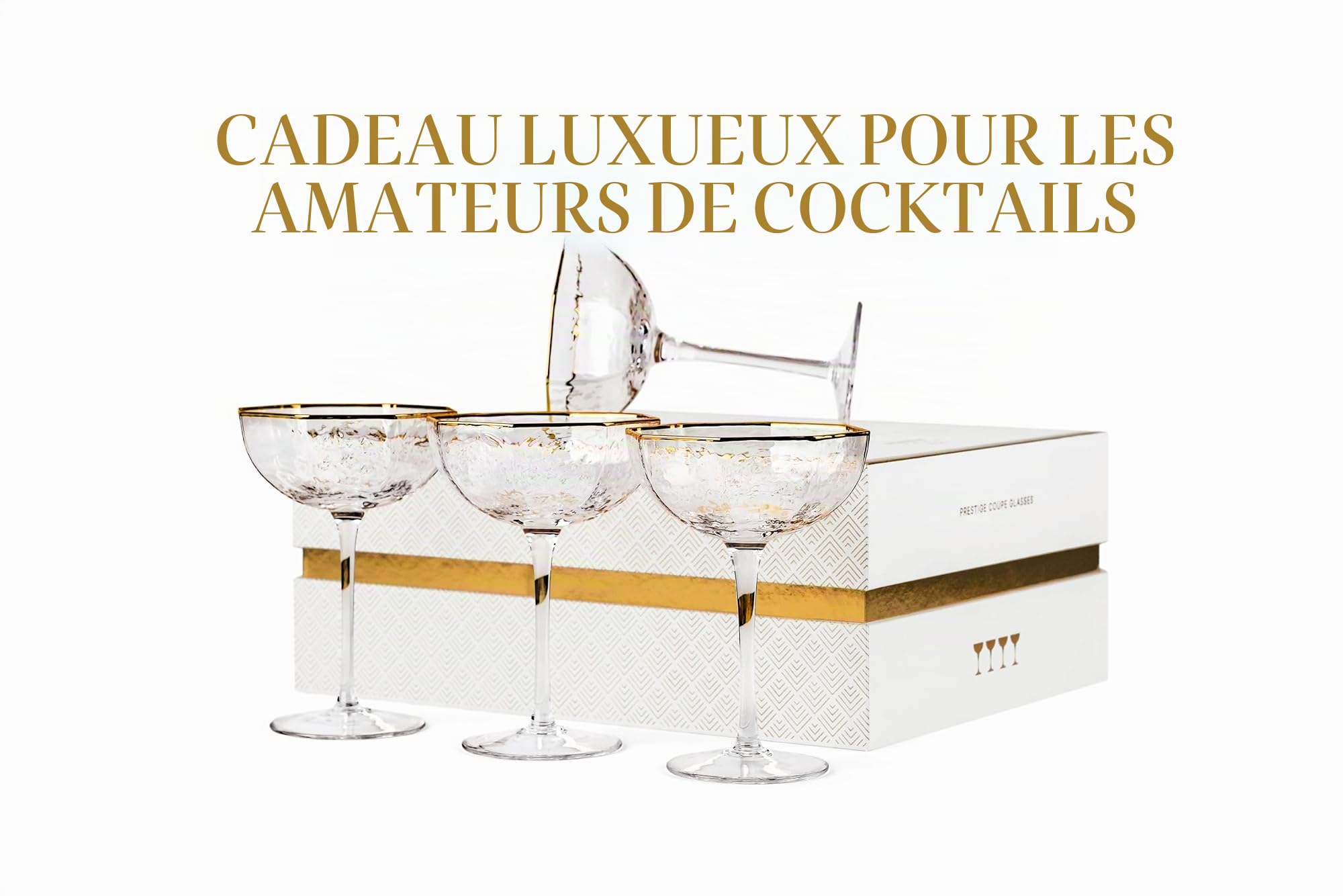 Petits Coupes à Cocktail Prestige avec Bords Dorés | 150 ml | Lot de 4 | Verres à Pied Longs Octogonaux en Cristal pour Champagne, Espresso Martini, Daiquiri, Gimlet, Cosmopolitan